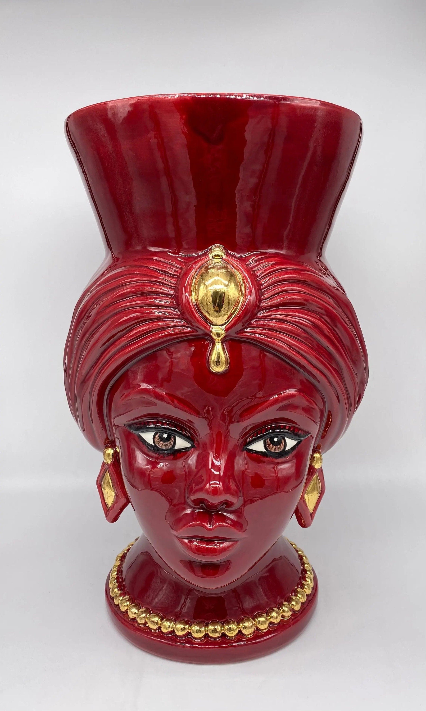 Teste di Moro Iris Ceramica Caltagirone cm H.40 L.23 Artigianale Bordeaux Oro Zecchino DD CERAMICHE SICILIANE