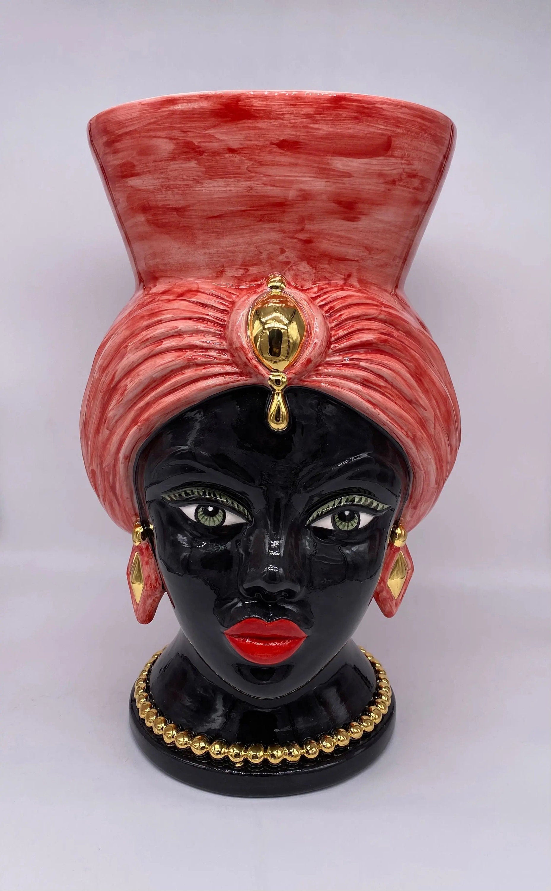 Teste di Moro Iris Ceramica Caltagirone cm H.40 L.23 Artigianale Rosso Oro Zecchino DD CERAMICHE SICILIANE