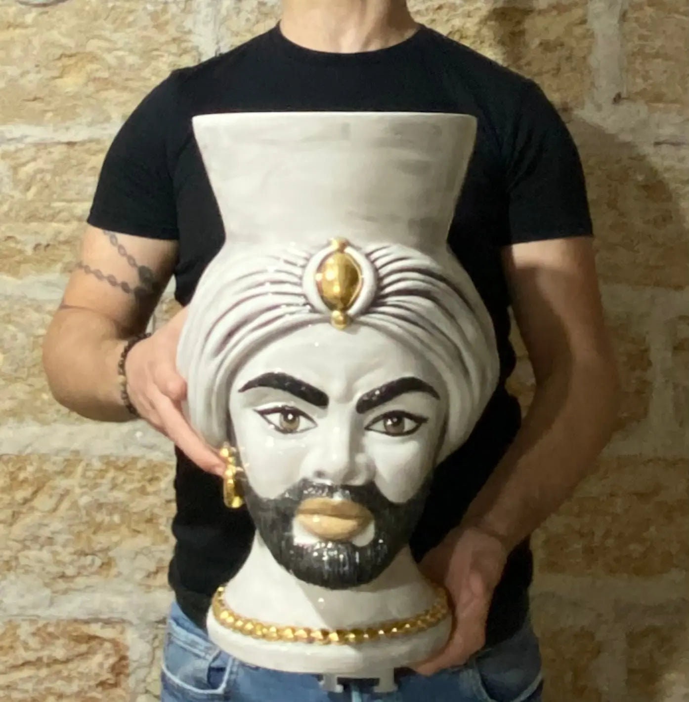 Teste di Moro Iris Ceramica Caltagirone cm H.40 L.23 Artigianale Ghiaccio Oro Zecchino DD CERAMICHE SICILIANE