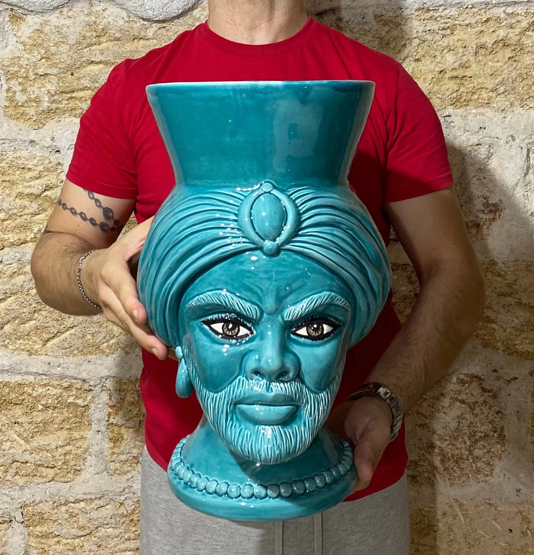 Teste di Moro Iris Ceramica Caltagirone cm H.40 L.23 Artigianale Verde Smeraldo - DD CERAMICHE SICILIANE