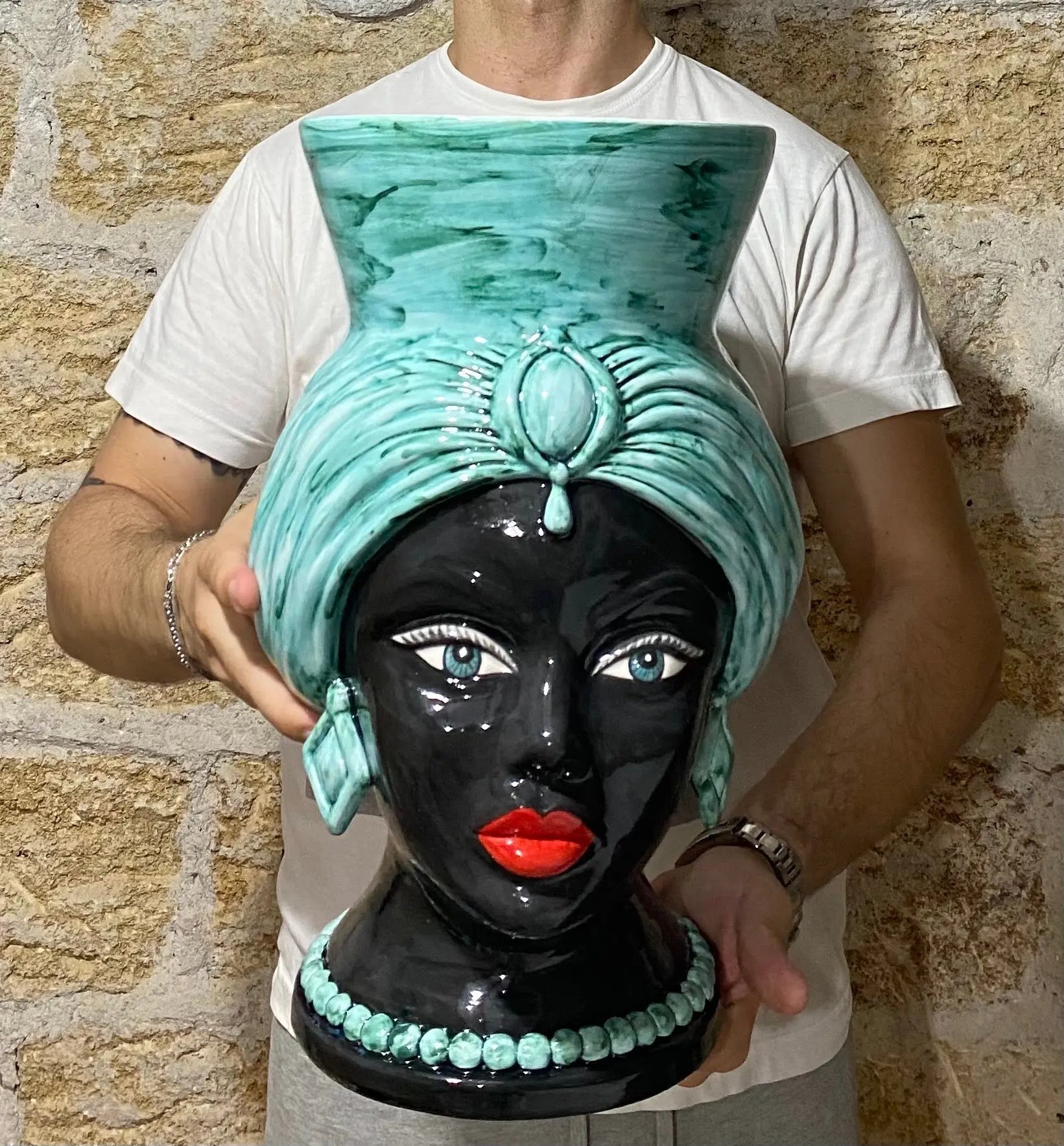 Teste di Moro Iris Ceramica Caltagirone cm H.40 L.23 Artigianale Verde Nero - DD CERAMICHE SICILIANE