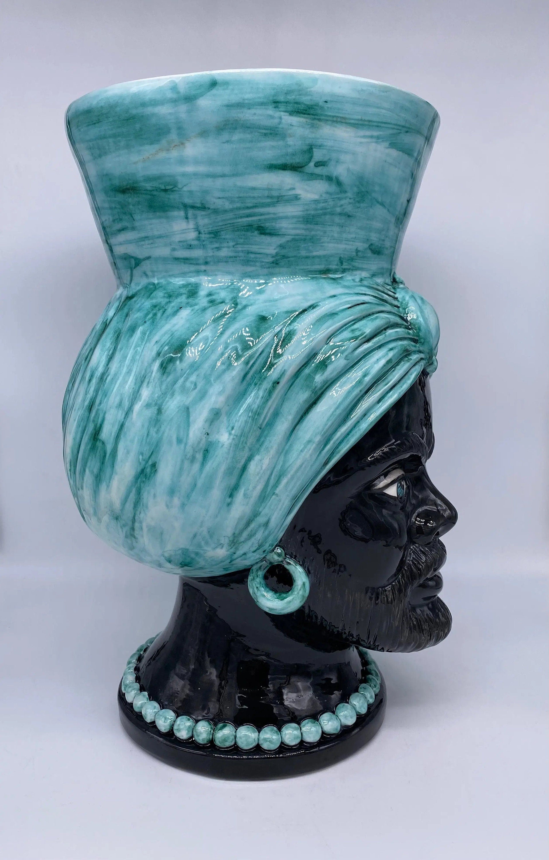 Teste di Moro Iris Ceramica Caltagirone cm H.40 L.23 Artigianale Verde Nero DD CERAMICHE SICILIANE