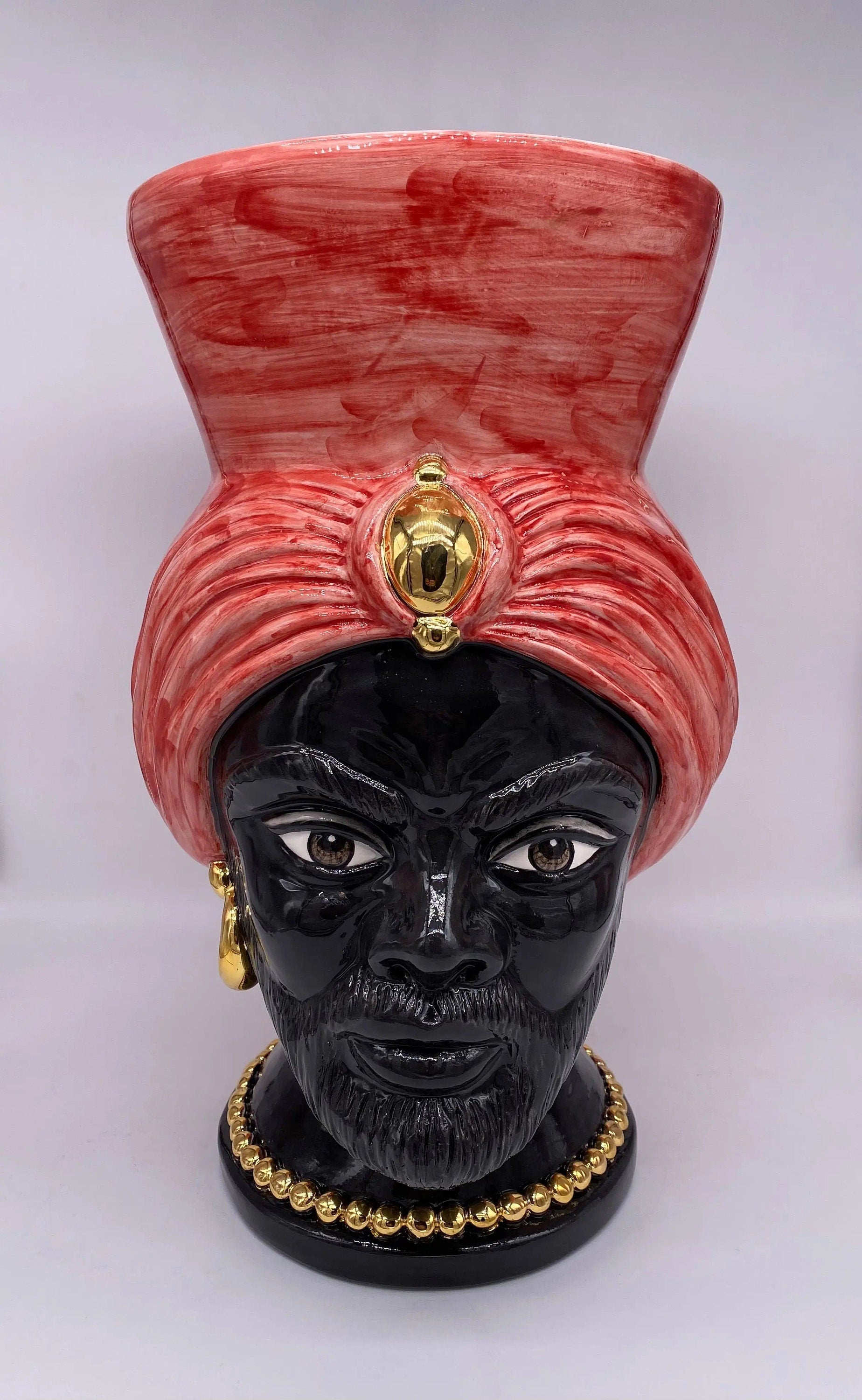 Teste di Moro Iris Ceramica Caltagirone cm H.40 L.23 Artigianale Rosso Oro Zecchino DD CERAMICHE SICILIANE