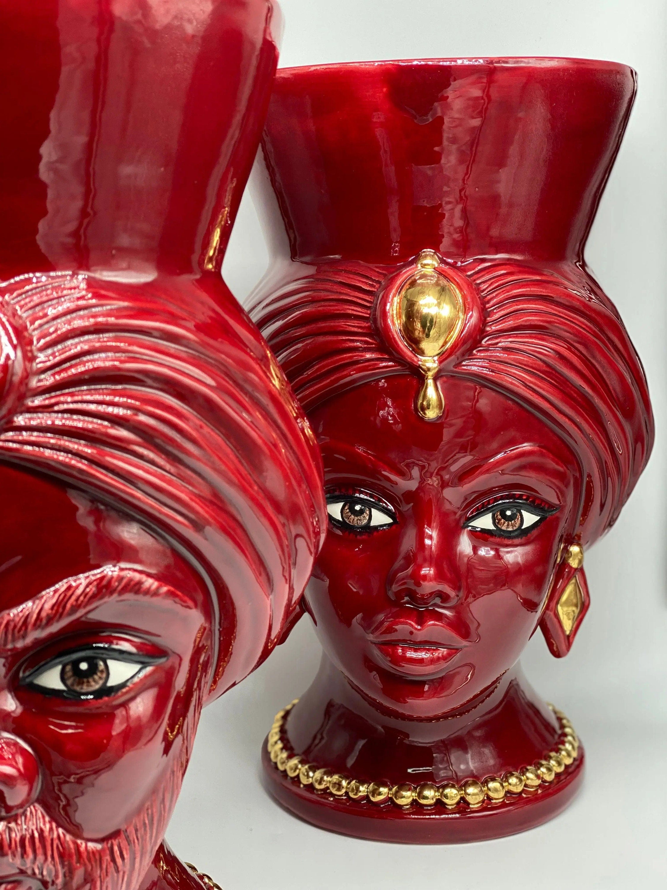 Teste di Moro Iris Ceramica Caltagirone cm H.40 L.23 Artigianale Bordeaux Oro Zecchino DD CERAMICHE SICILIANE