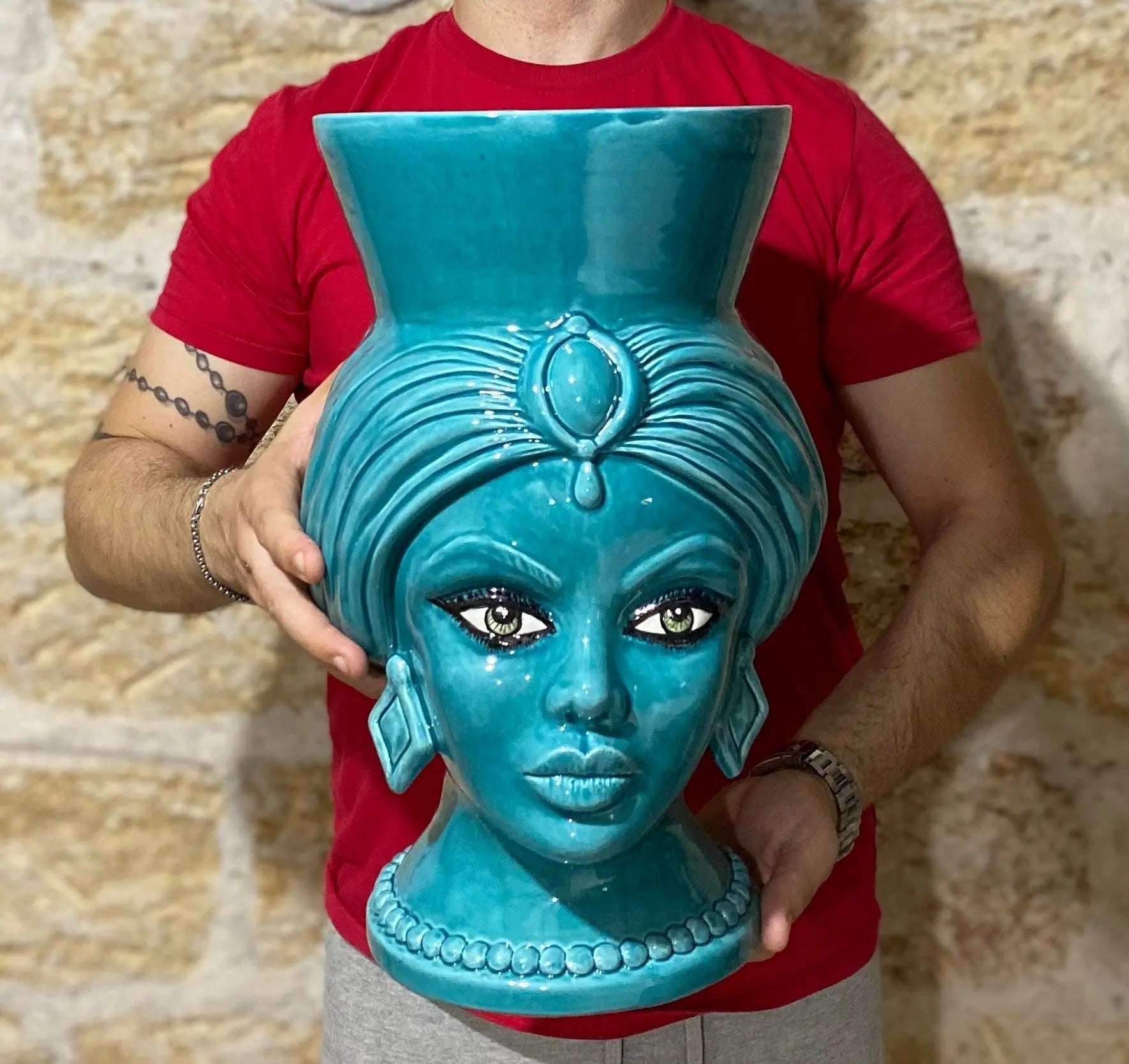 Teste di Moro Iris Ceramica Caltagirone cm H.40 L.23 Artigianale Verde Smeraldo DD CERAMICHE SICILIANE