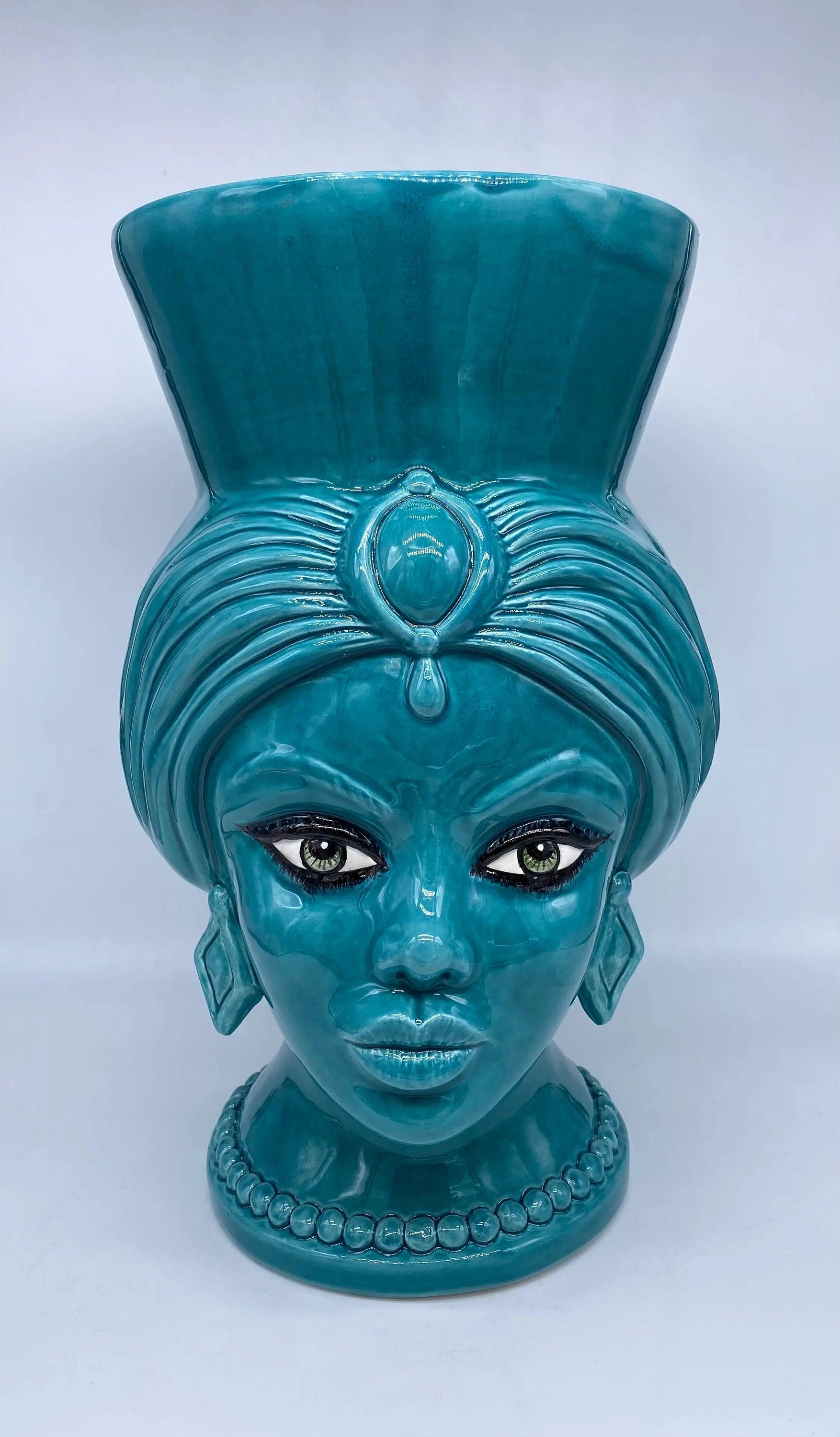 Teste di Moro Iris Ceramica Caltagirone cm H.40 L.23 Artigianale Verde Smeraldo DD CERAMICHE SICILIANE