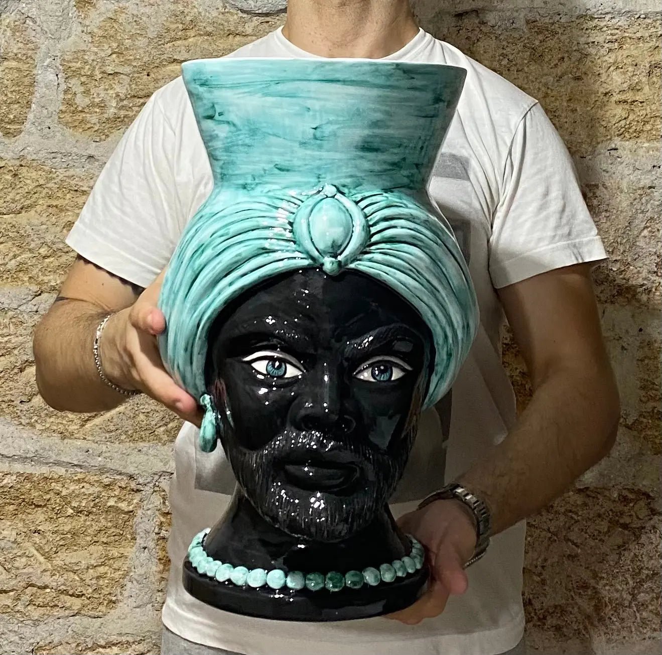 Teste di Moro Iris Ceramica Caltagirone cm H.40 L.23 Artigianale Verde Nero - DD CERAMICHE SICILIANE