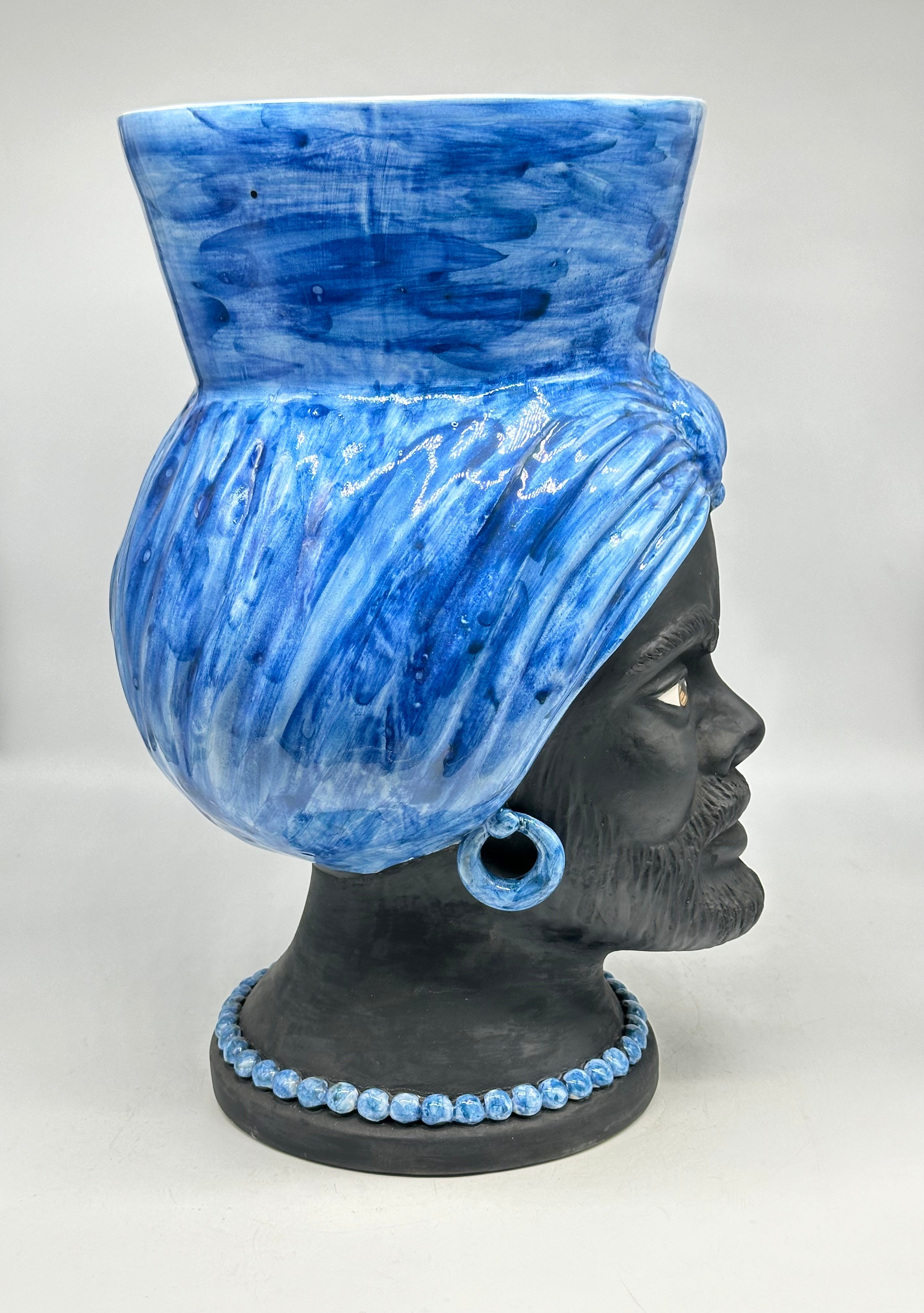 Teste di Moro Iris Ceramica Caltagirone cm H.40 L.23 Artigianale Blu Nero Opaco - TESTE DI MORO