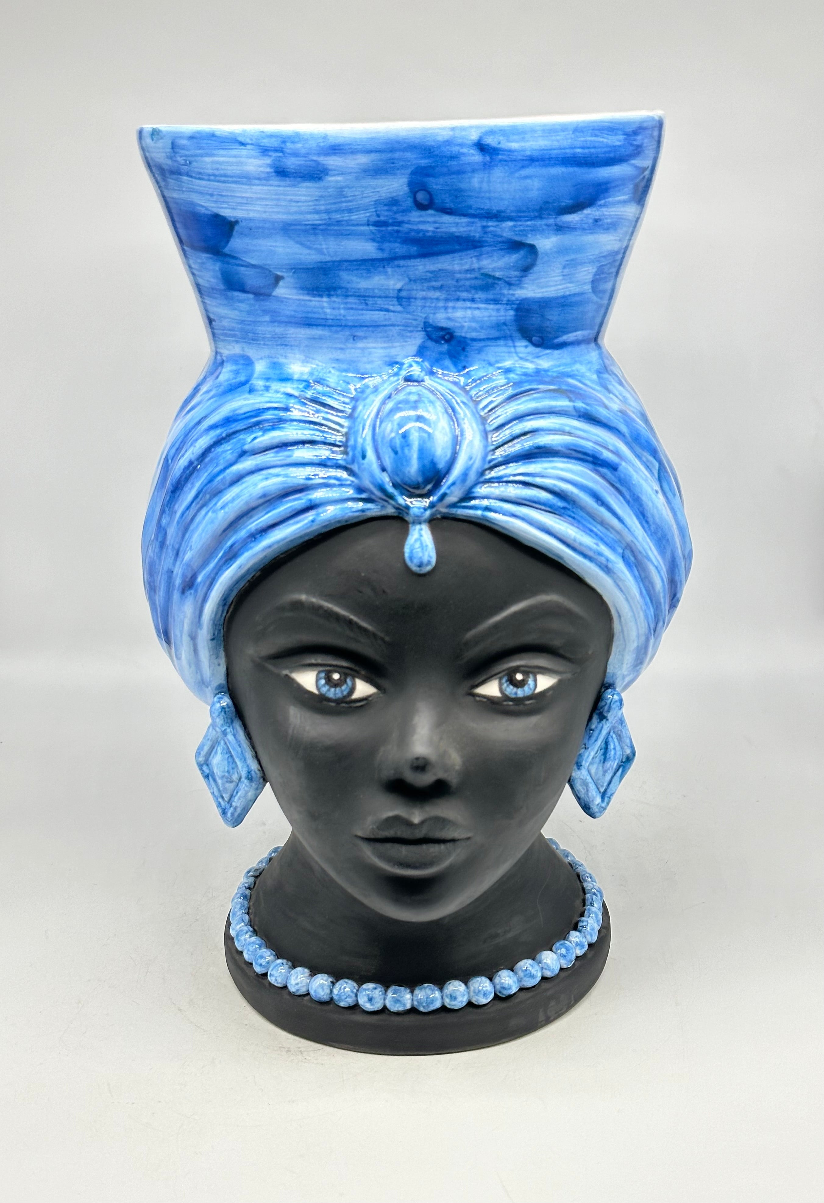 Teste di Moro Iris Ceramica Caltagirone cm H.40 L.23 Artigianale Blu Nero Opaco - Donna - TESTE DI MORO