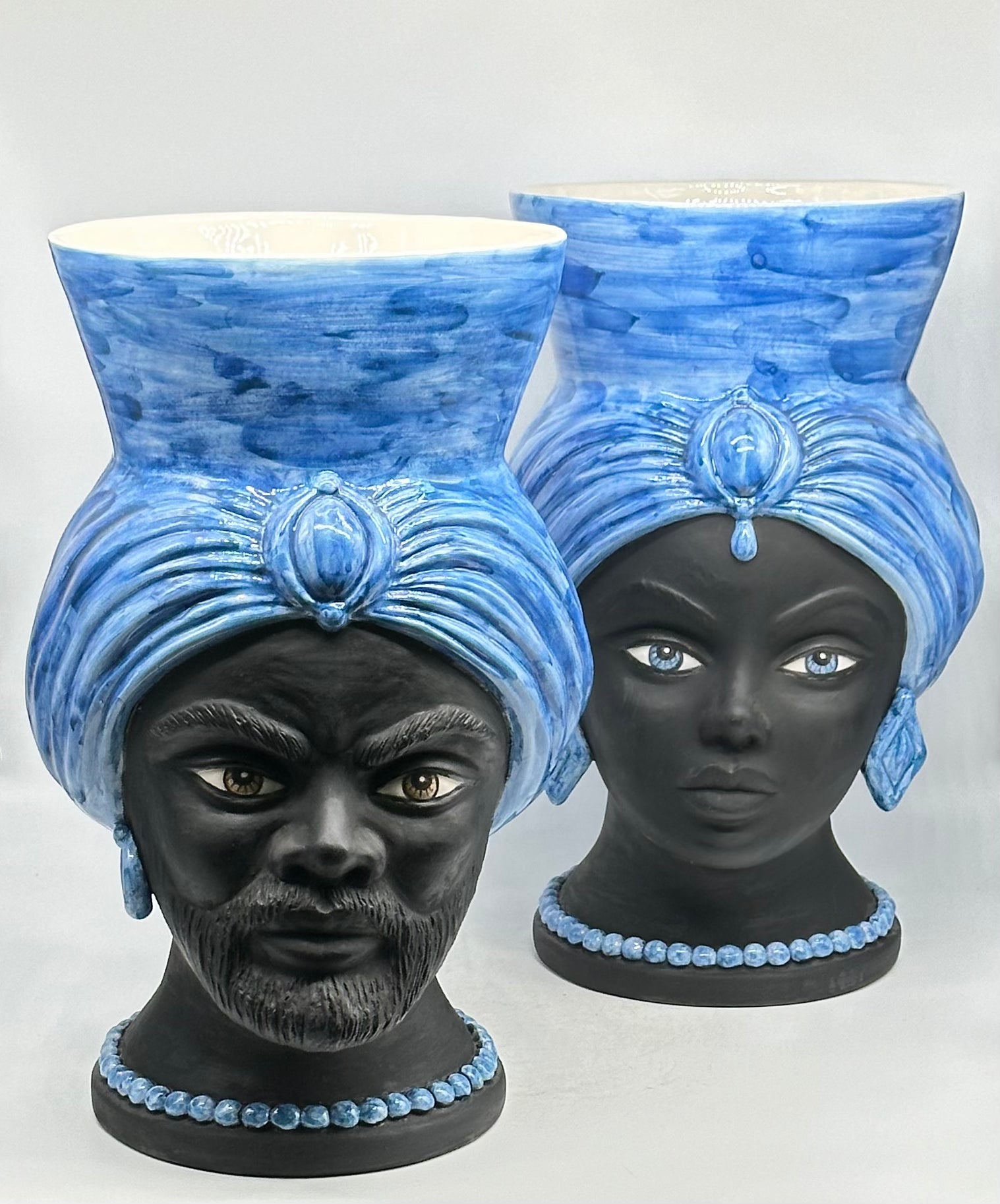 Teste di Moro Iris Ceramica Caltagirone cm H.40 L.23 Artigianale Blu Nero Opaco - TESTE DI MORO