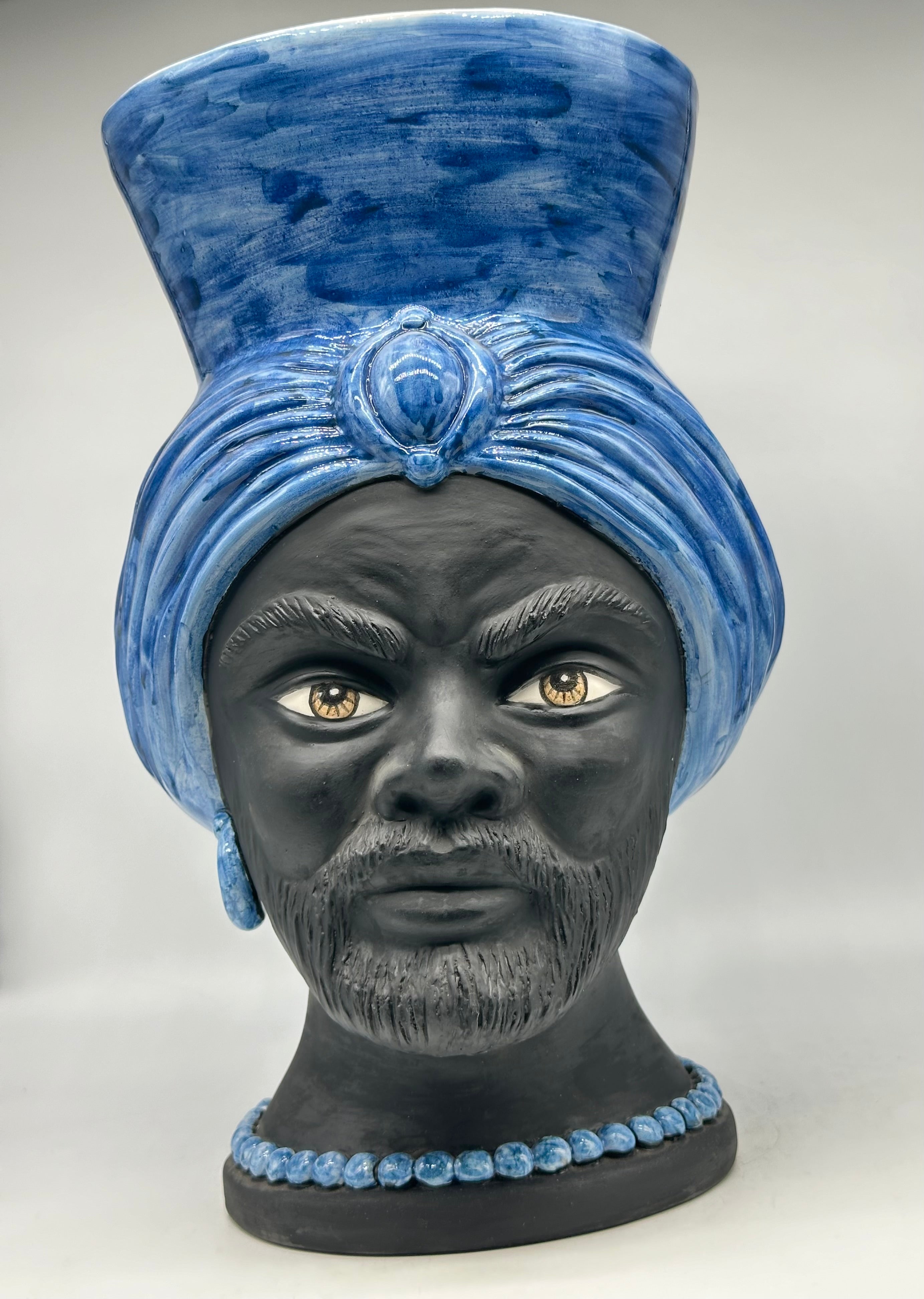 Teste di Moro Iris Ceramica Caltagirone cm H.40 L.23 Artigianale Blu Nero Opaco - TESTE DI MORO