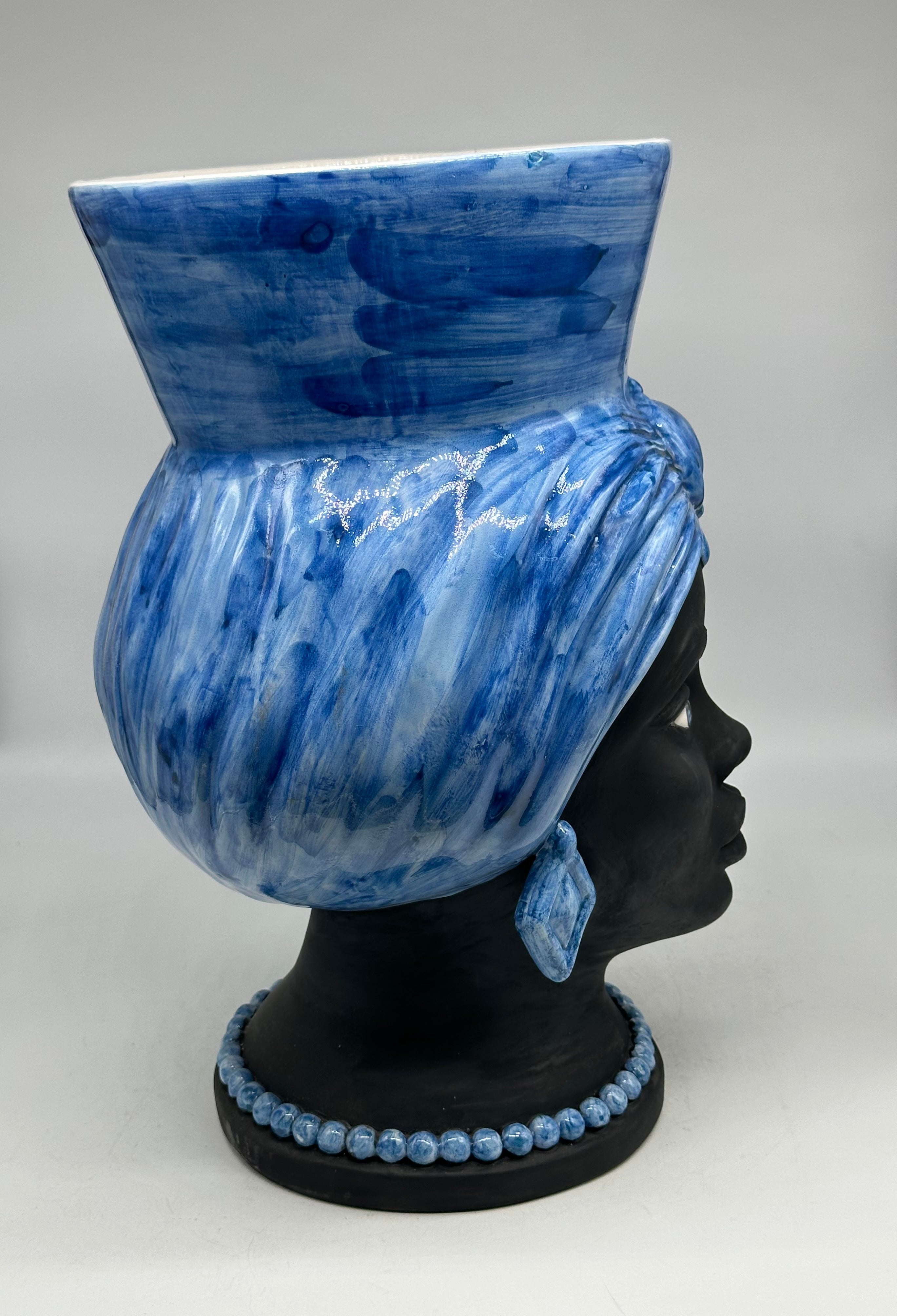 Teste di Moro Iris Ceramica Caltagirone cm H.40 L.23 Artigianale Blu Nero Opaco - TESTE DI MORO