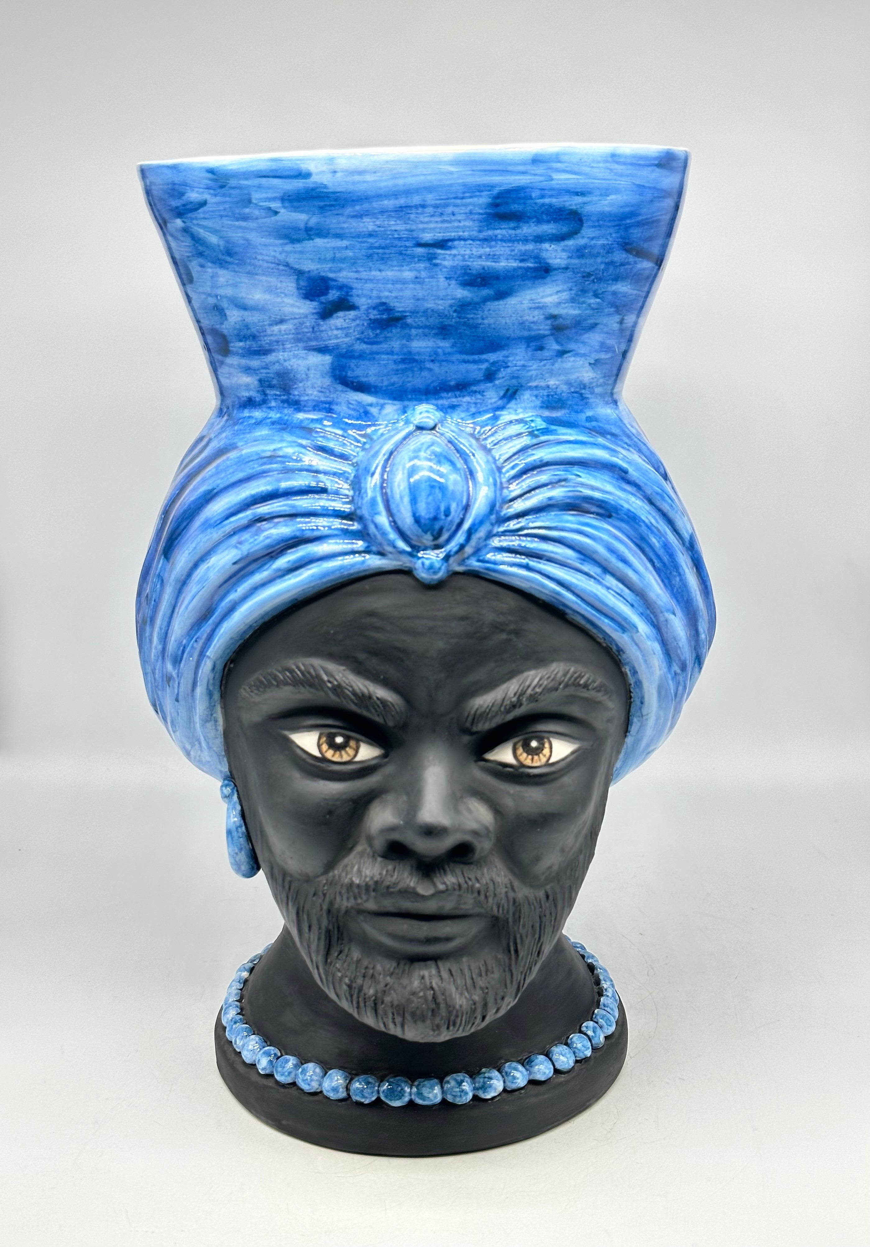 Teste di Moro Iris Ceramica Caltagirone cm H.40 L.23 Artigianale Blu Nero Opaco - Uomo - TESTE DI MORO