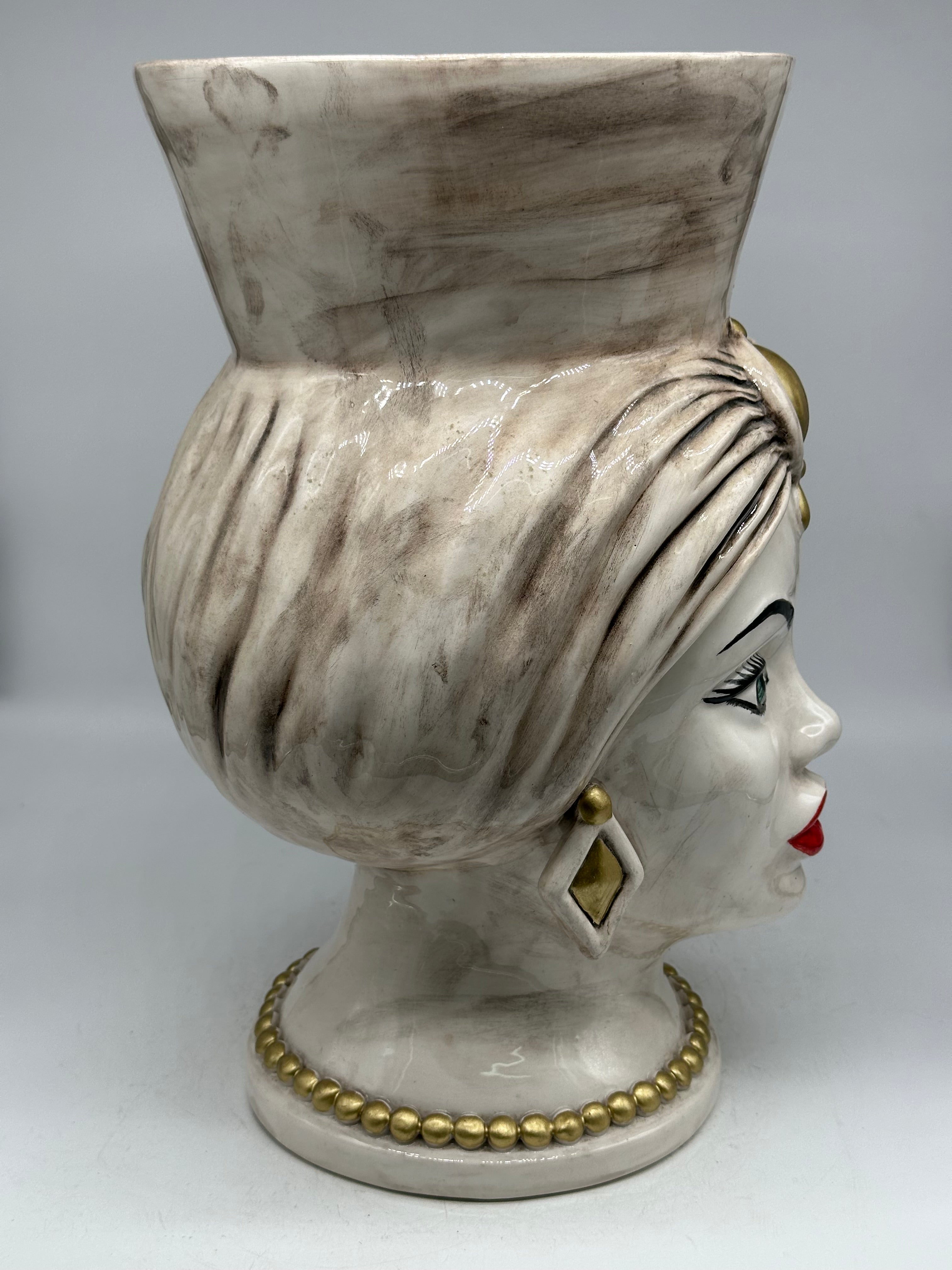 Teste di Moro Iris Ceramica Caltagirone cm H.40 L.23 Artigianale Écru Marrone Oro - TESTE DI MORO