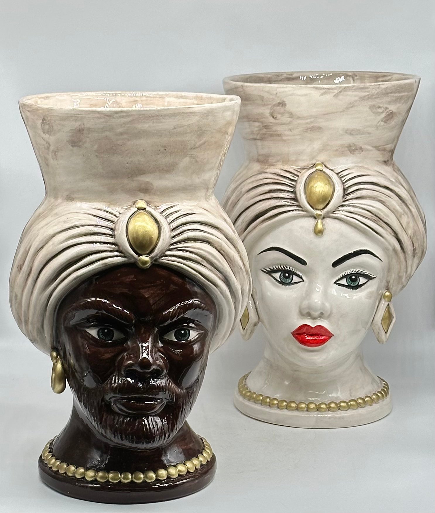 Teste di Moro Iris Ceramica Caltagirone cm H.40 L.23 Artigianale Écru Marrone Oro - TESTE DI MORO