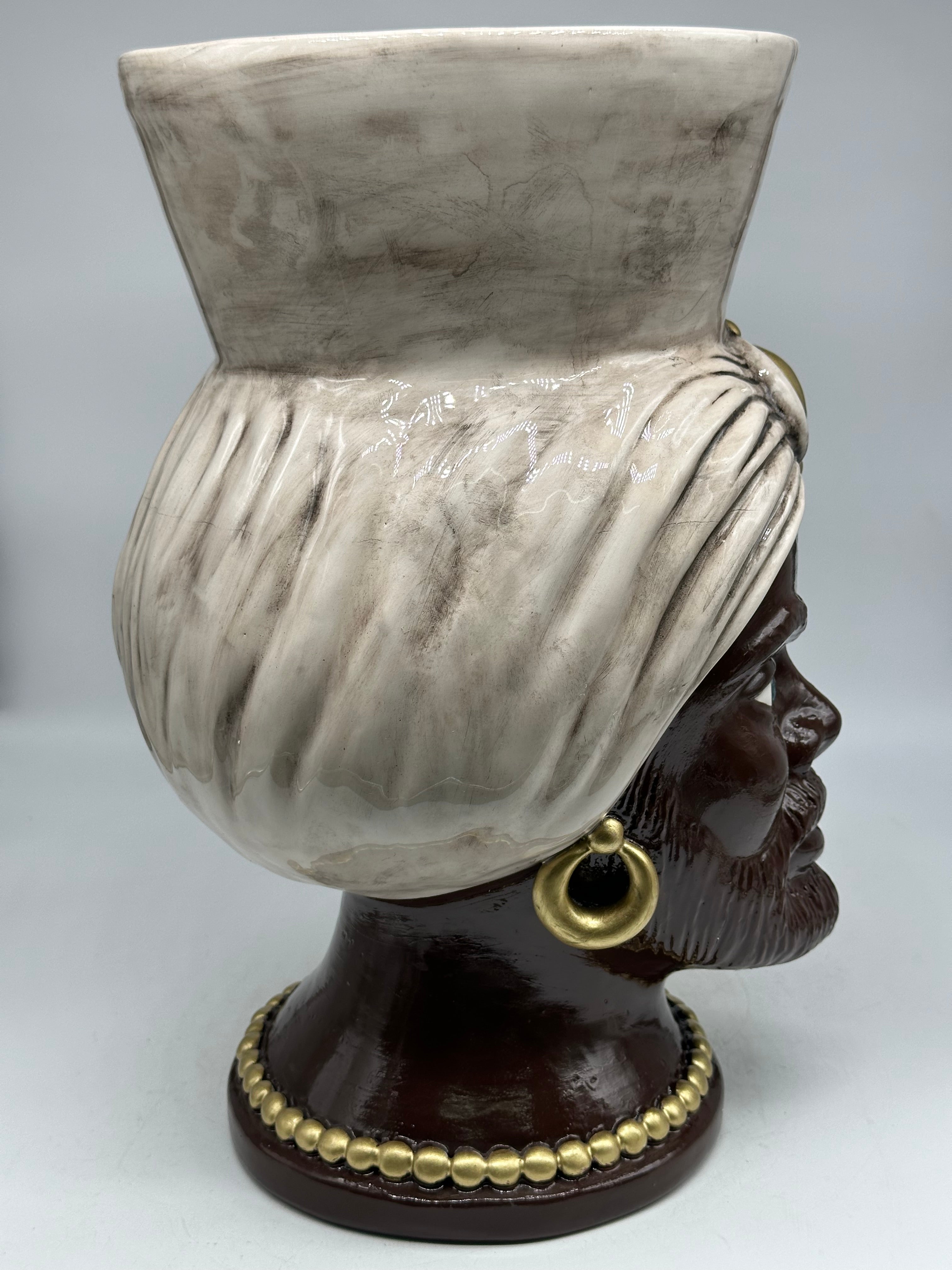 Teste di Moro Iris Ceramica Caltagirone cm H.40 L.23 Artigianale Écru Marrone Oro V.2 - TESTE DI MORO