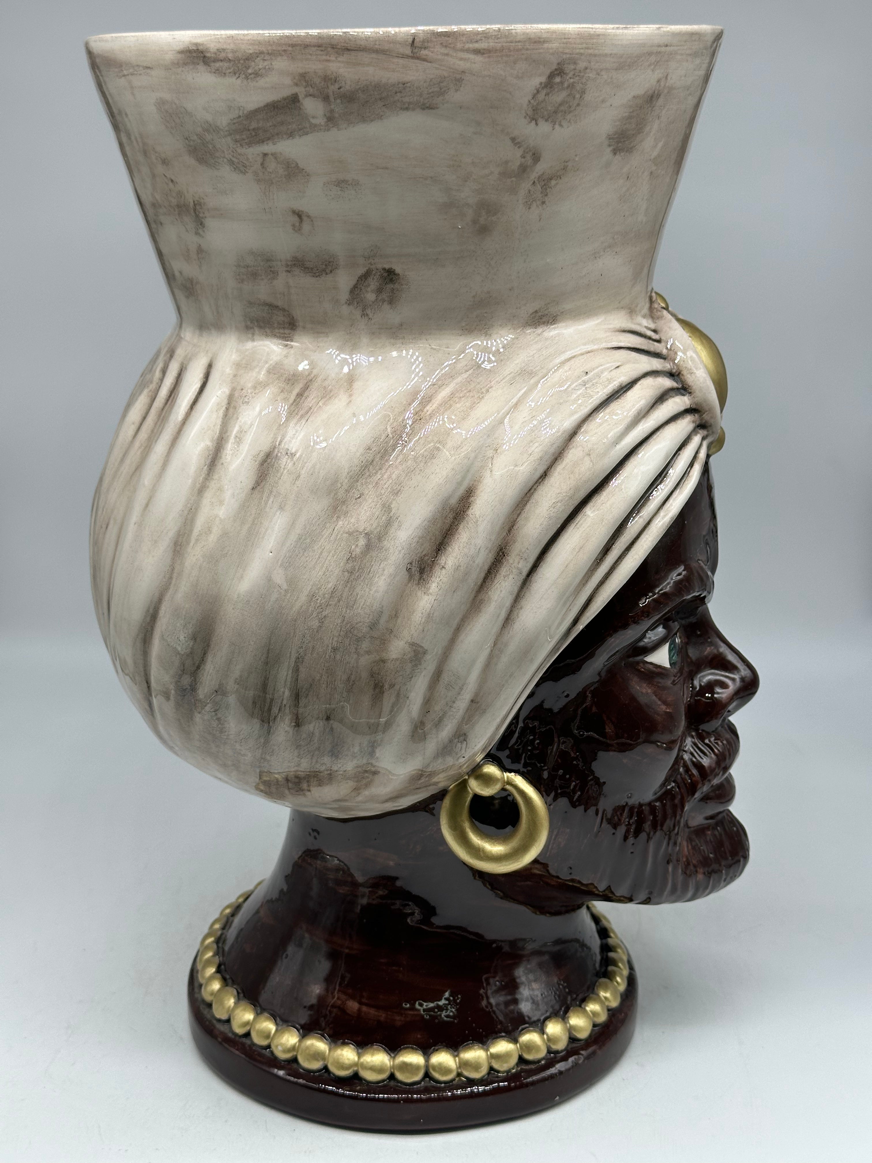 Teste di Moro Iris Ceramica Caltagirone cm H.40 L.23 Artigianale Écru Marrone Oro - TESTE DI MORO