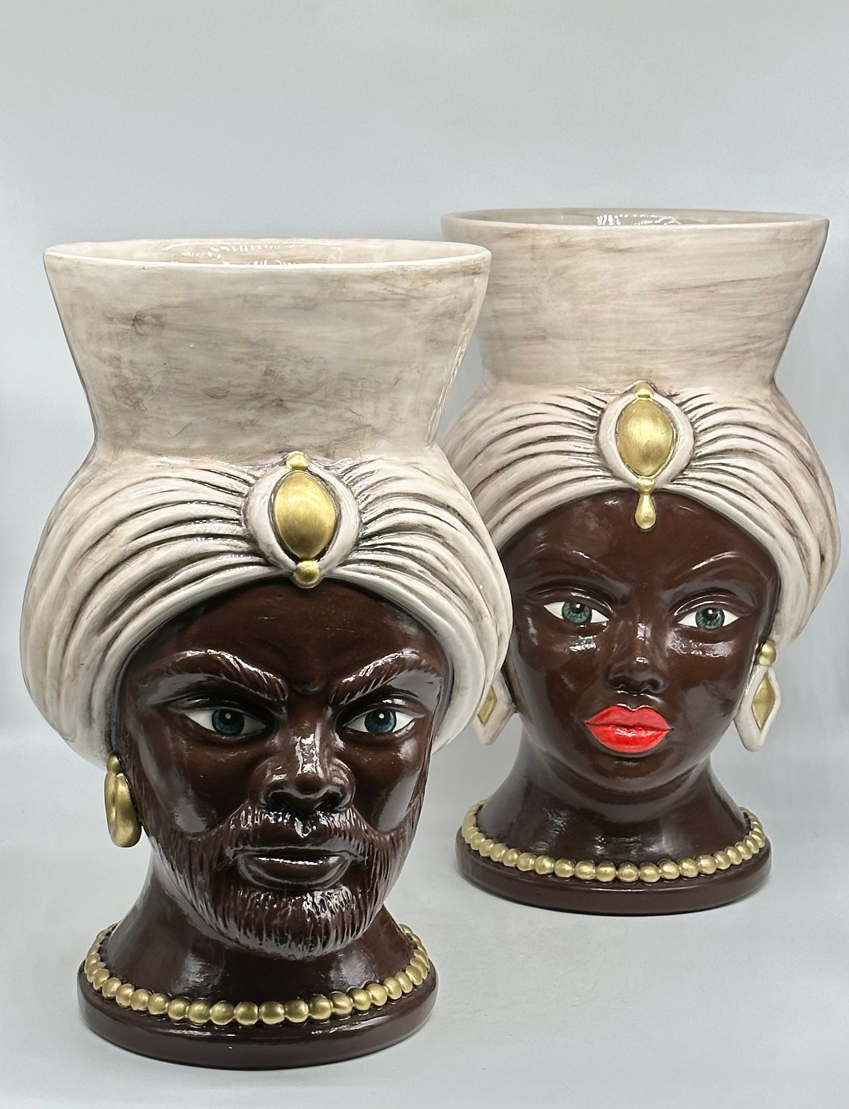 Teste di Moro Iris Ceramica Caltagirone cm H.40 L.23 Artigianale Écru Marrone Oro V.2 - TESTE DI MORO