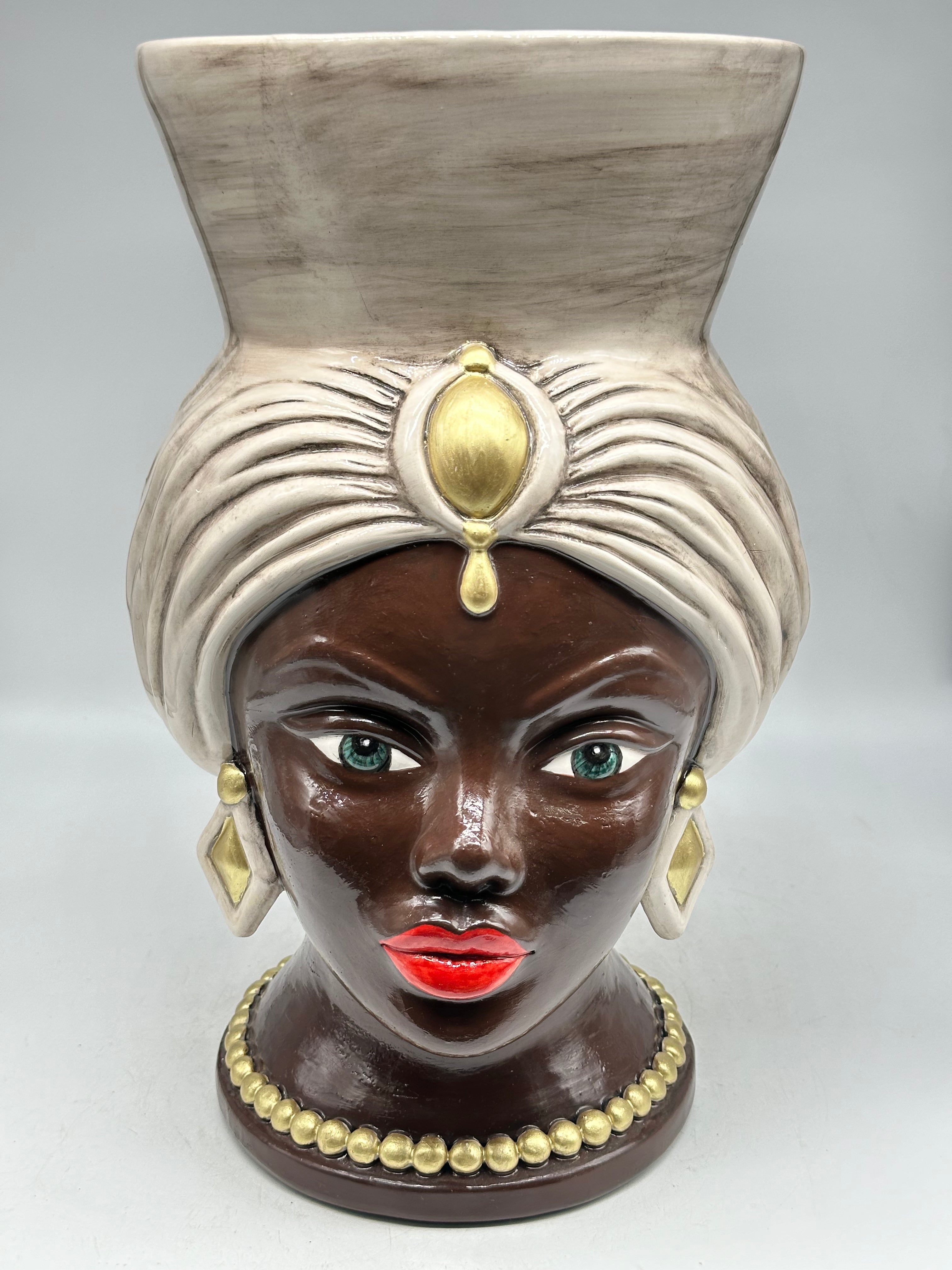 Teste di Moro Iris Ceramica Caltagirone cm H.40 L.23 Artigianale Écru Marrone Oro V.2 - Donna - TESTE DI MORO