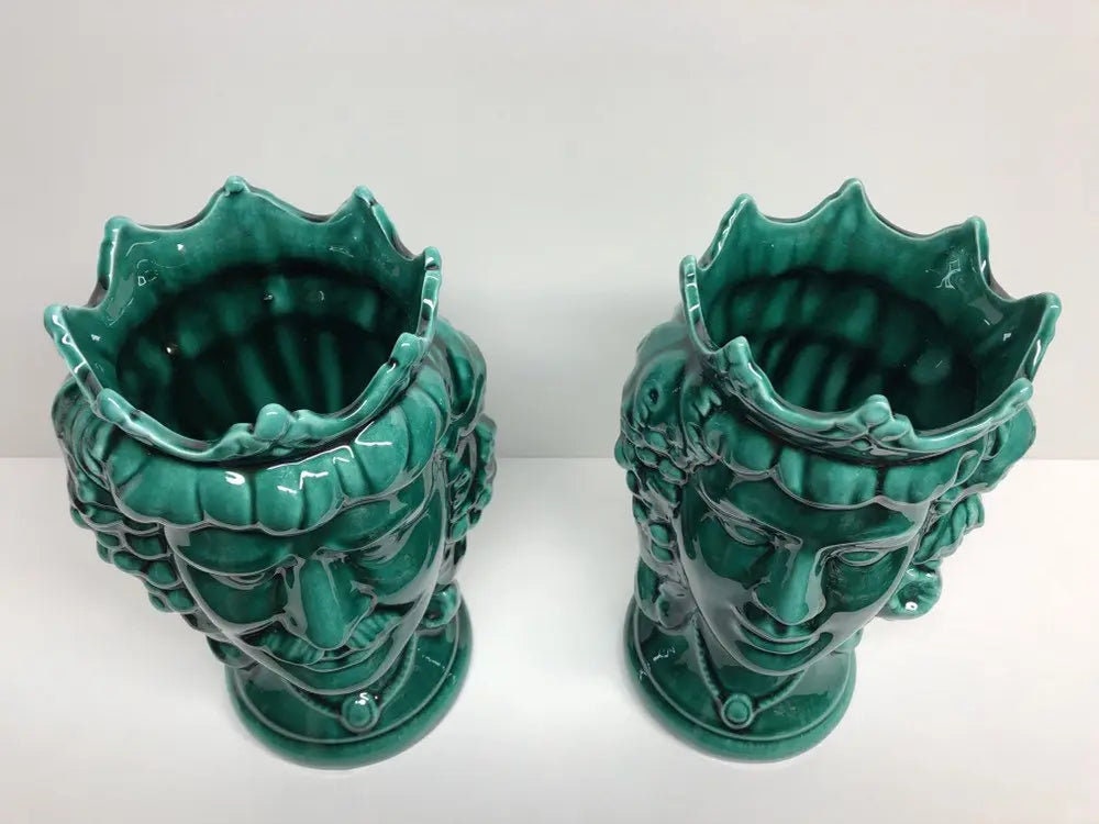 Teste di Moro Kalat Frutta Ceramica Caltagirone cm H.26 L.16 Artigianale Verde Cristallo DD CERAMICHE SICILIANE