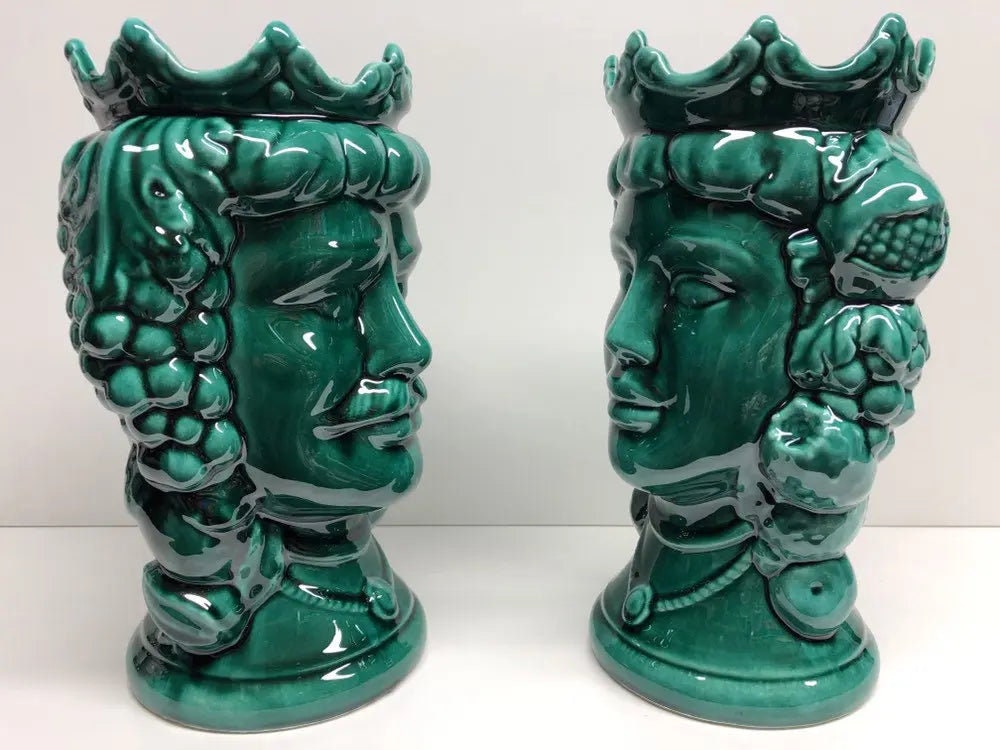 Teste di Moro Kalat Frutta Ceramica Caltagirone cm H.26 L.16 Artigianale Verde Cristallo DD CERAMICHE SICILIANE