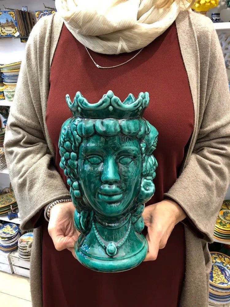 Teste di Moro Kalat Frutta Ceramica Caltagirone cm H.26 L.16 Artigianale Verde Cristallo DD CERAMICHE SICILIANE