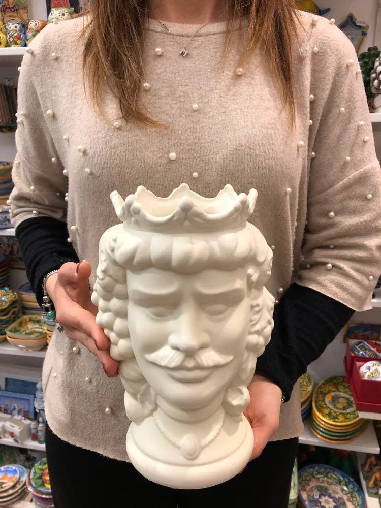 Teste di Moro Kalat Frutta Ceramica Caltagirone cm H.26 L.16 Artigianale Bianco Opaco DD CERAMICHE SICILIANE