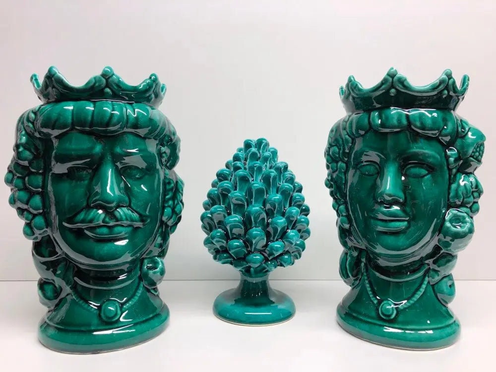 Teste di Moro Kalat Frutta Ceramica Caltagirone cm H.26 L.16 Artigianale Verde Cristallo DD CERAMICHE SICILIANE