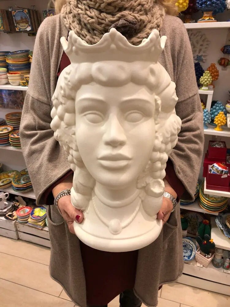 Teste di Moro Kalat Frutta Ceramica Caltagirone cm H.36 L.23 Artigianale Bianco Opaco DD CERAMICHE SICILIANE