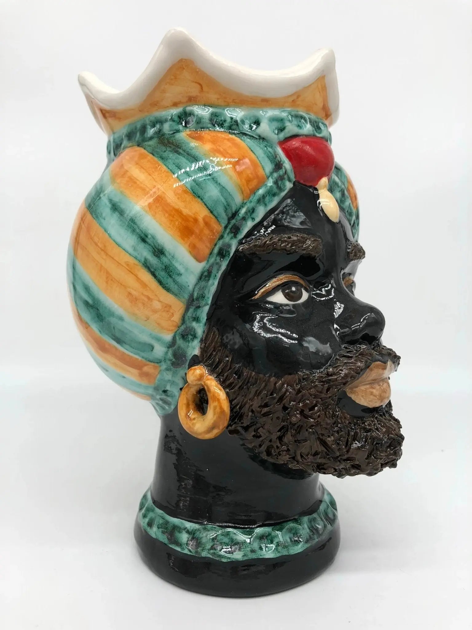 Teste di Moro Luis Ceramica Caltagirone cm H.22 L.15 Artigianale Turbante Liscio Verde Ocra Rosso - DD CERAMICHE SICILIANE