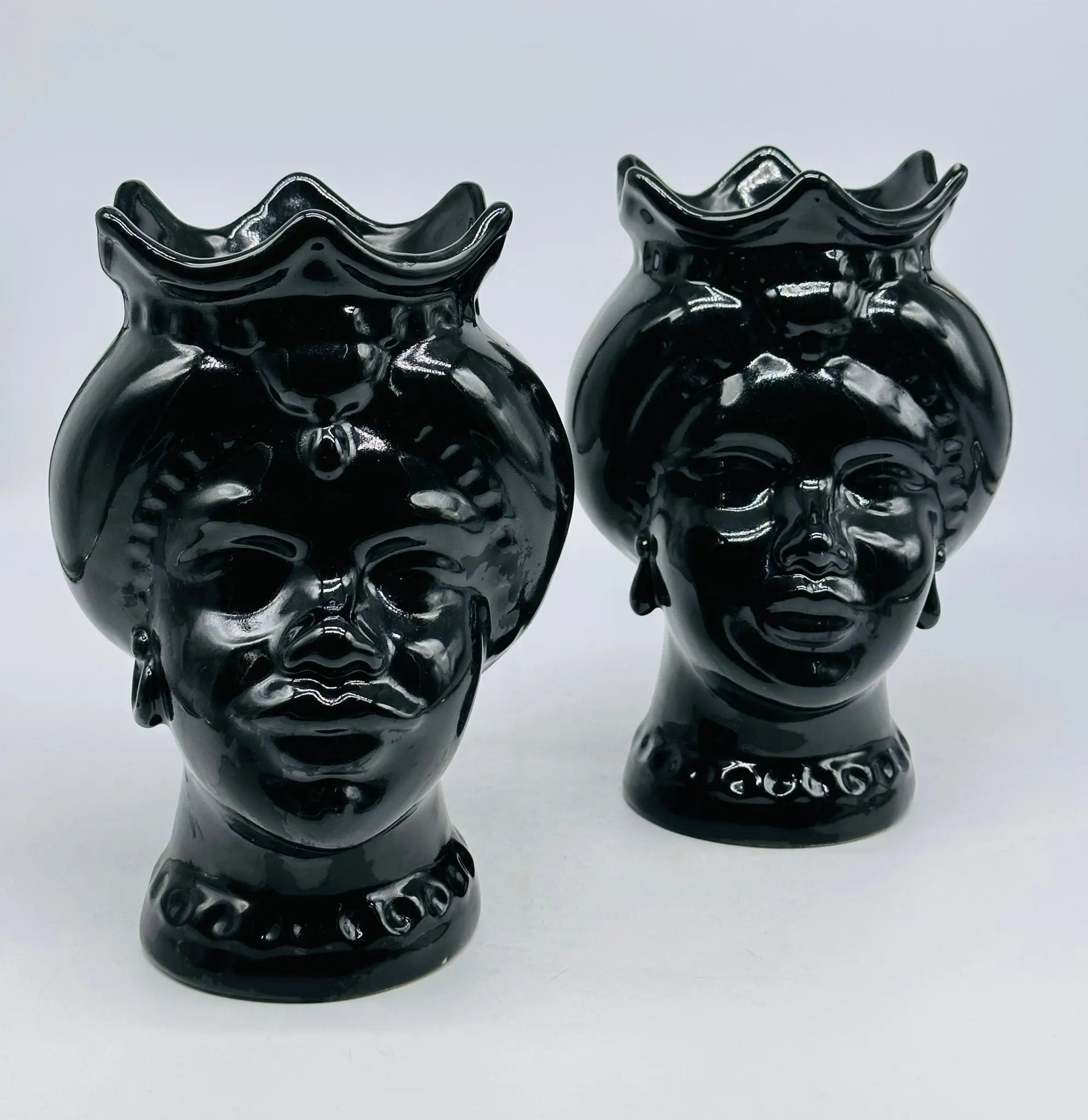 Teste di Moro Luis Ceramica Caltagirone cm H.22 L.15 Artigianale Turbante Nero Lucido - TESTA DI MORO