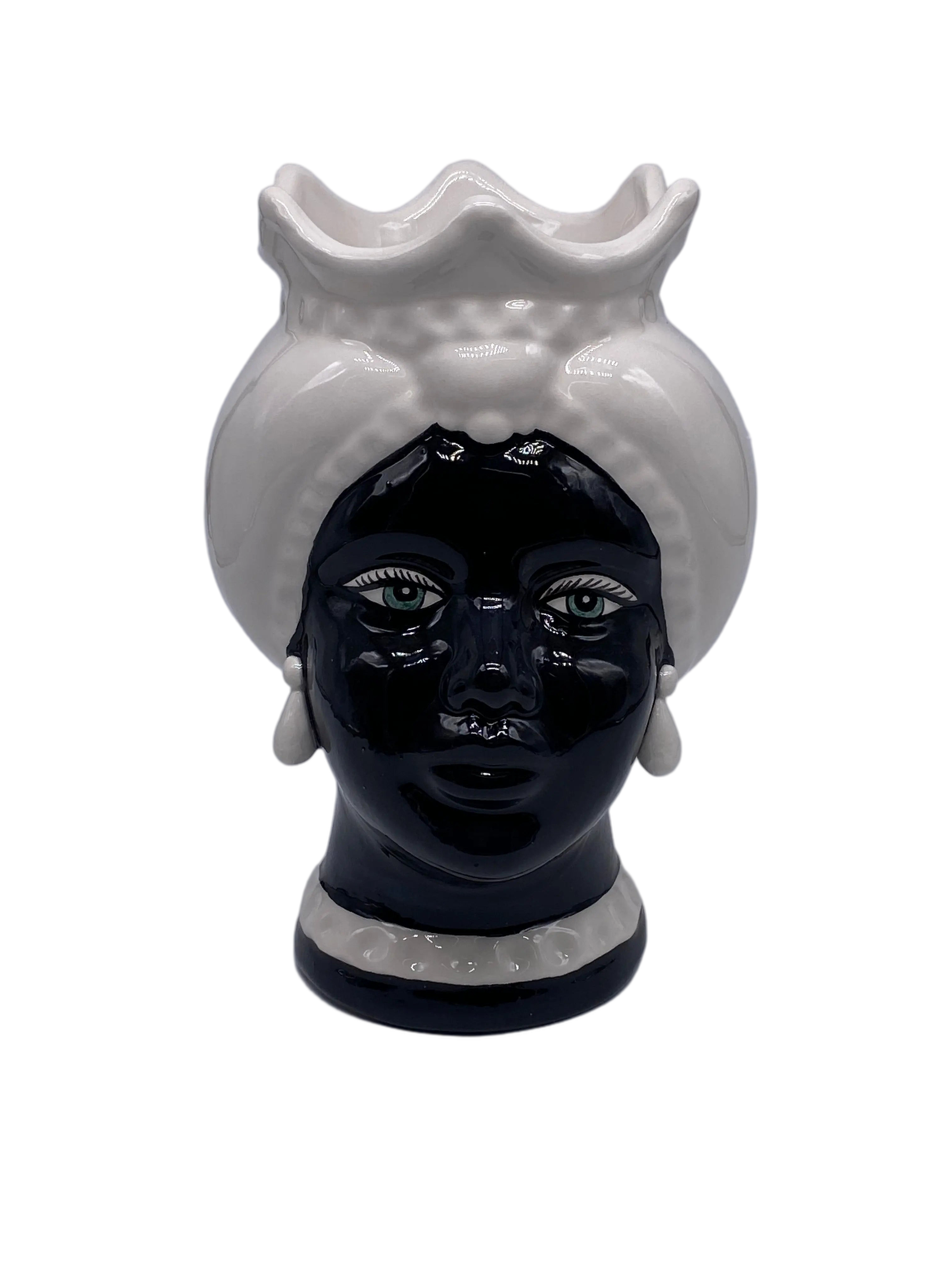 Teste di Moro Luis Ceramica Caltagirone cm H.22 L.15 Artigianale Turbante Liscio Bianco Nero DD CERAMICHE SICILIANE