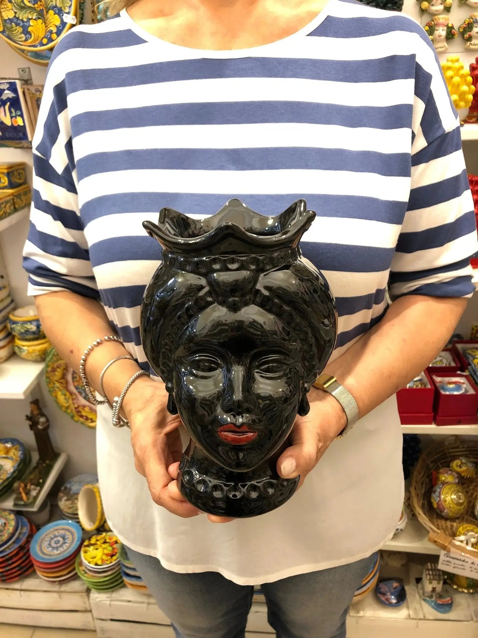 Teste di Moro Luis Ceramica Caltagirone cm H.22 L.15 Artigianale Turbante Liscio Nero Lucido - DD CERAMICHE SICILIANE