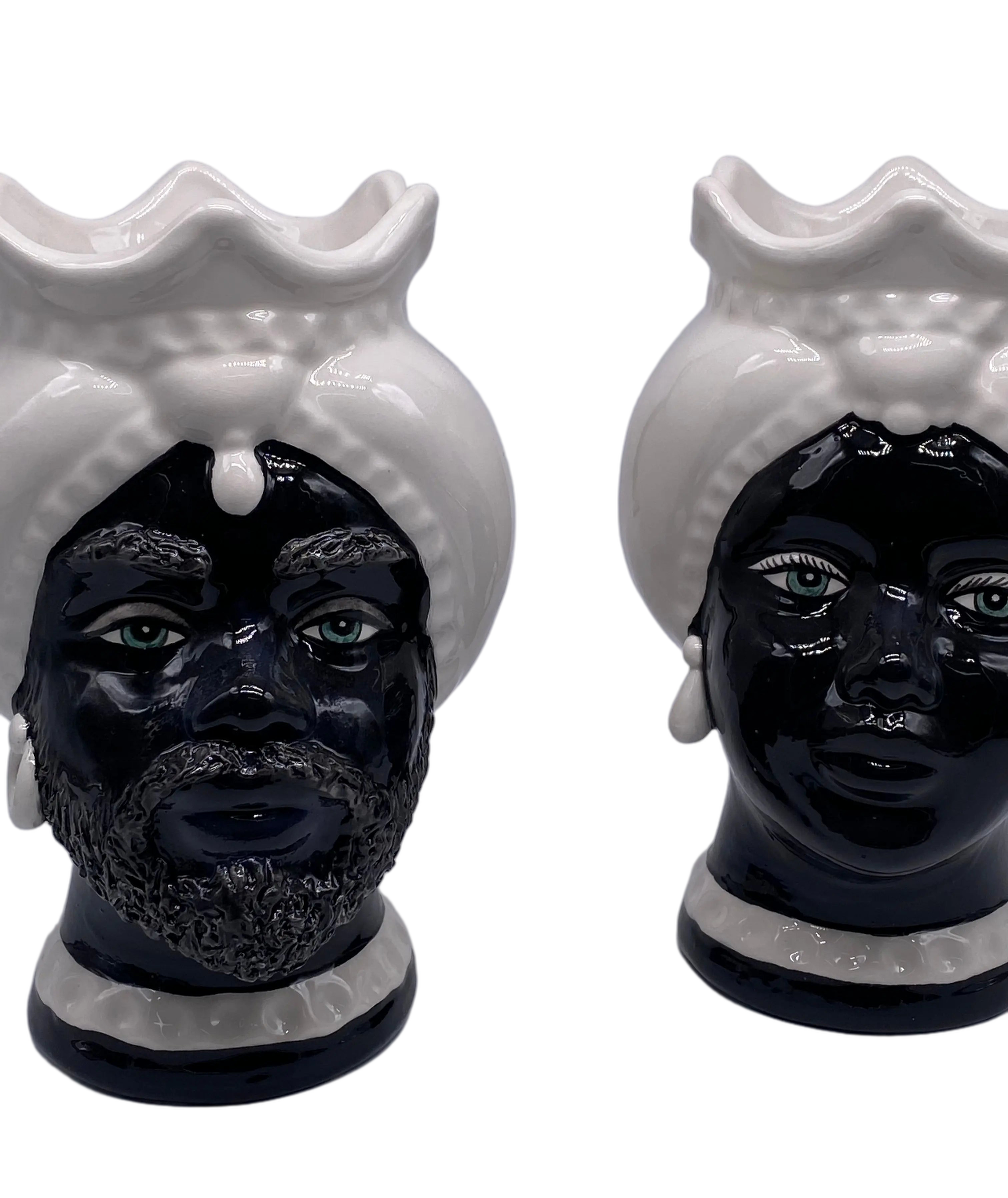 Teste di Moro Luis Ceramica Caltagirone cm H.22 L.15 Artigianale Turbante Liscio Bianco Nero DD CERAMICHE SICILIANE