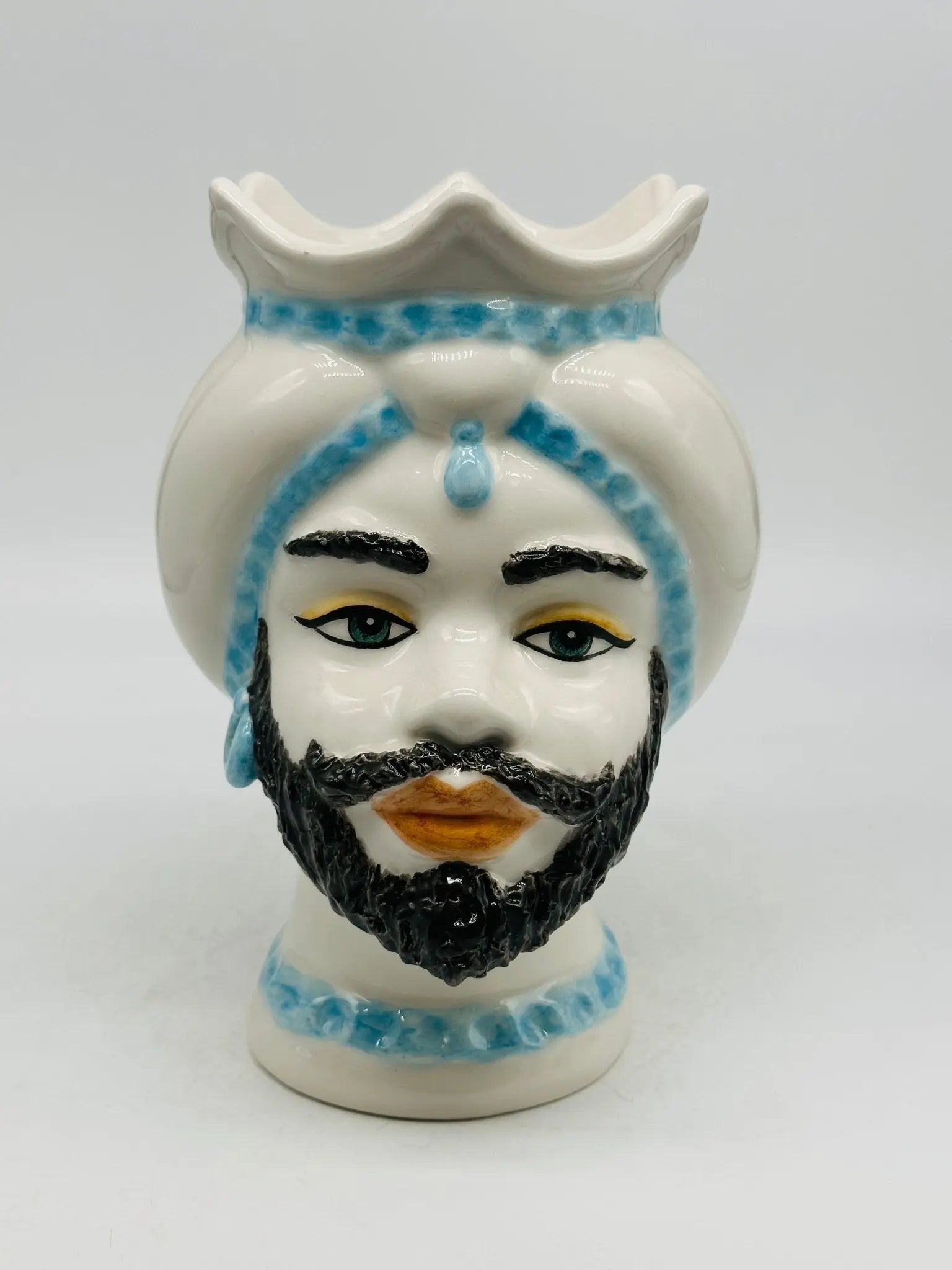 Teste di Moro Luis Ceramica Caltagirone cm H.22 L.15 Artigianale Turbante Liscio Bianco Celeste - Uomo - TESTA DI MORO