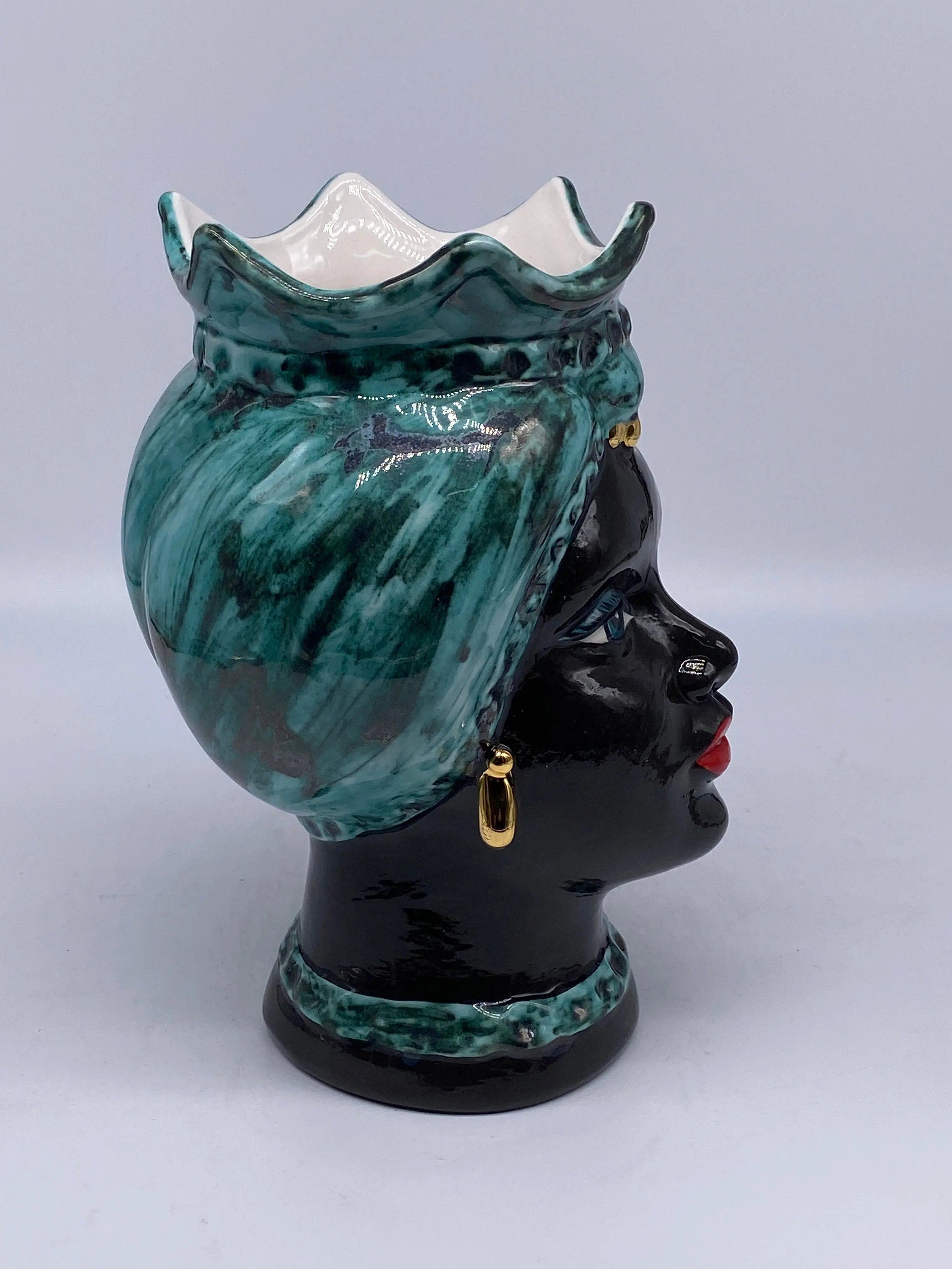 Teste di Moro Luis Ceramica Caltagirone cm H.22 L.15 Artigianale Turbante Liscio Verde Nero Oro DD CERAMICHE SICILIANE