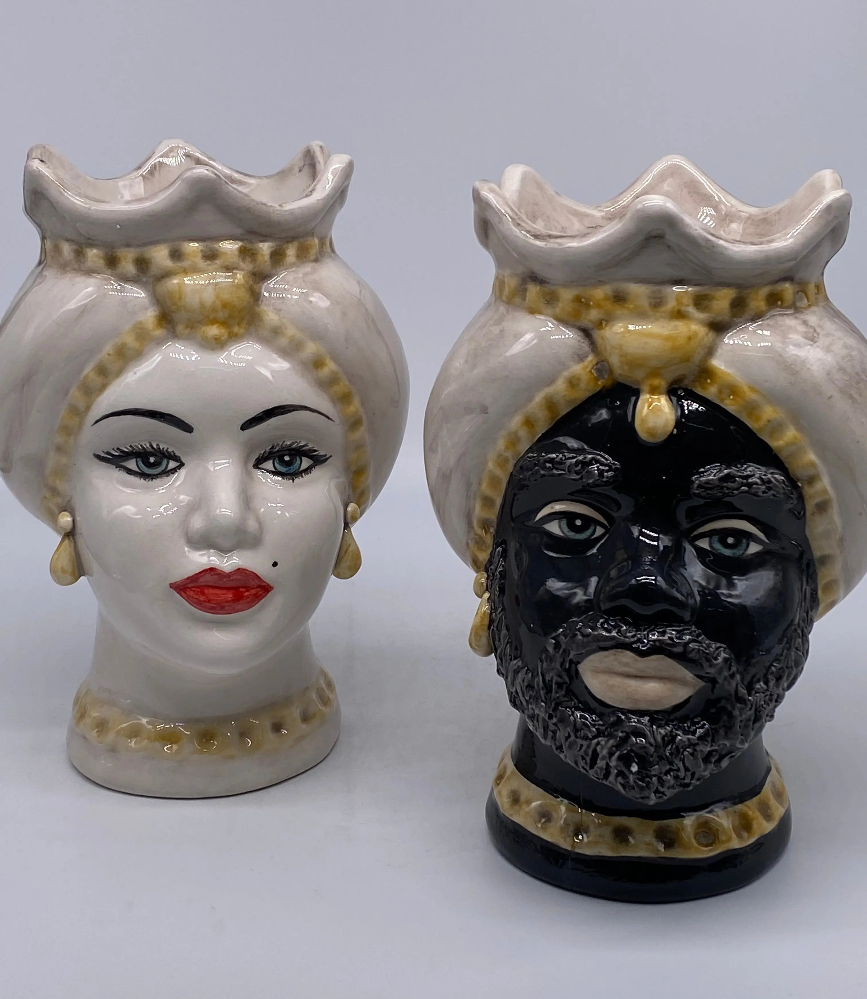 Teste di Moro Luis Ceramica Caltagirone cm H.22 L.15 Artigianale Turbante Liscio Écru Giallo DD CERAMICHE SICILIANE