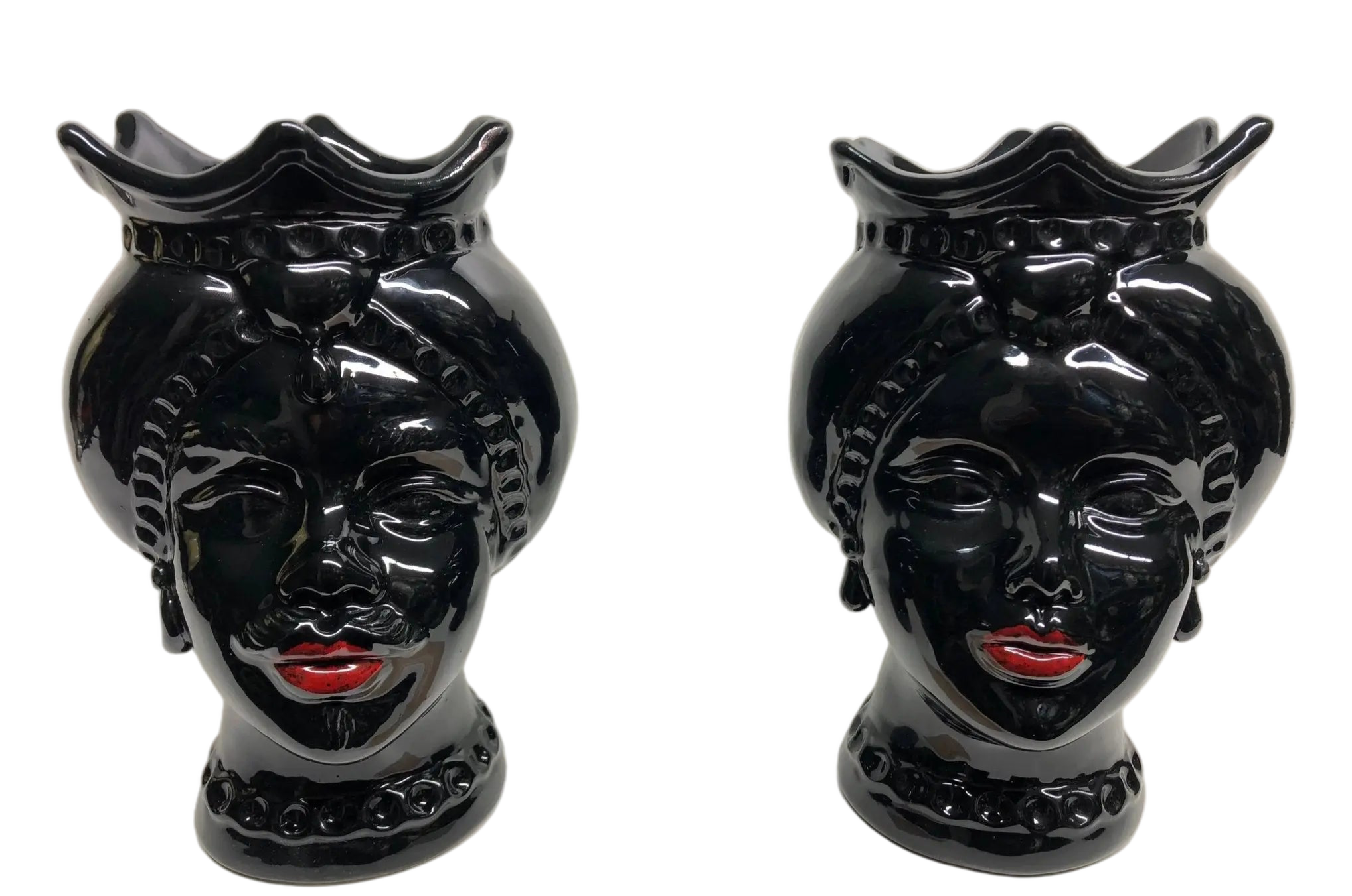 Teste di Moro Luis Ceramica Caltagirone cm H.22 L.15 Artigianale Turbante Liscio Nero Lucido - TESTA DI MORO