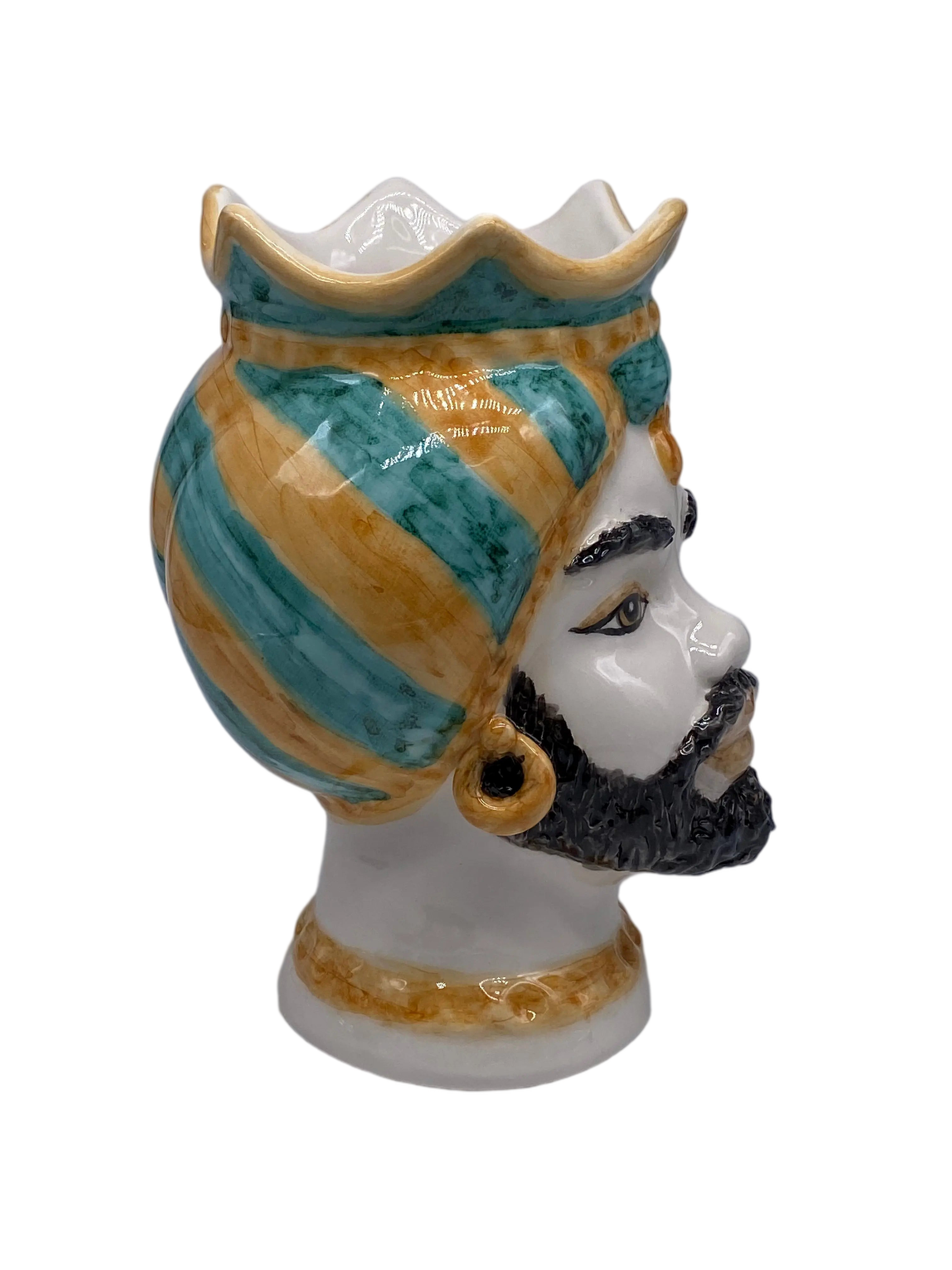 Teste di Moro Luis Ceramica Caltagirone cm H.22 L.15 Artigianale Turbante Liscio Ocra Verde DD CERAMICHE SICILIANE