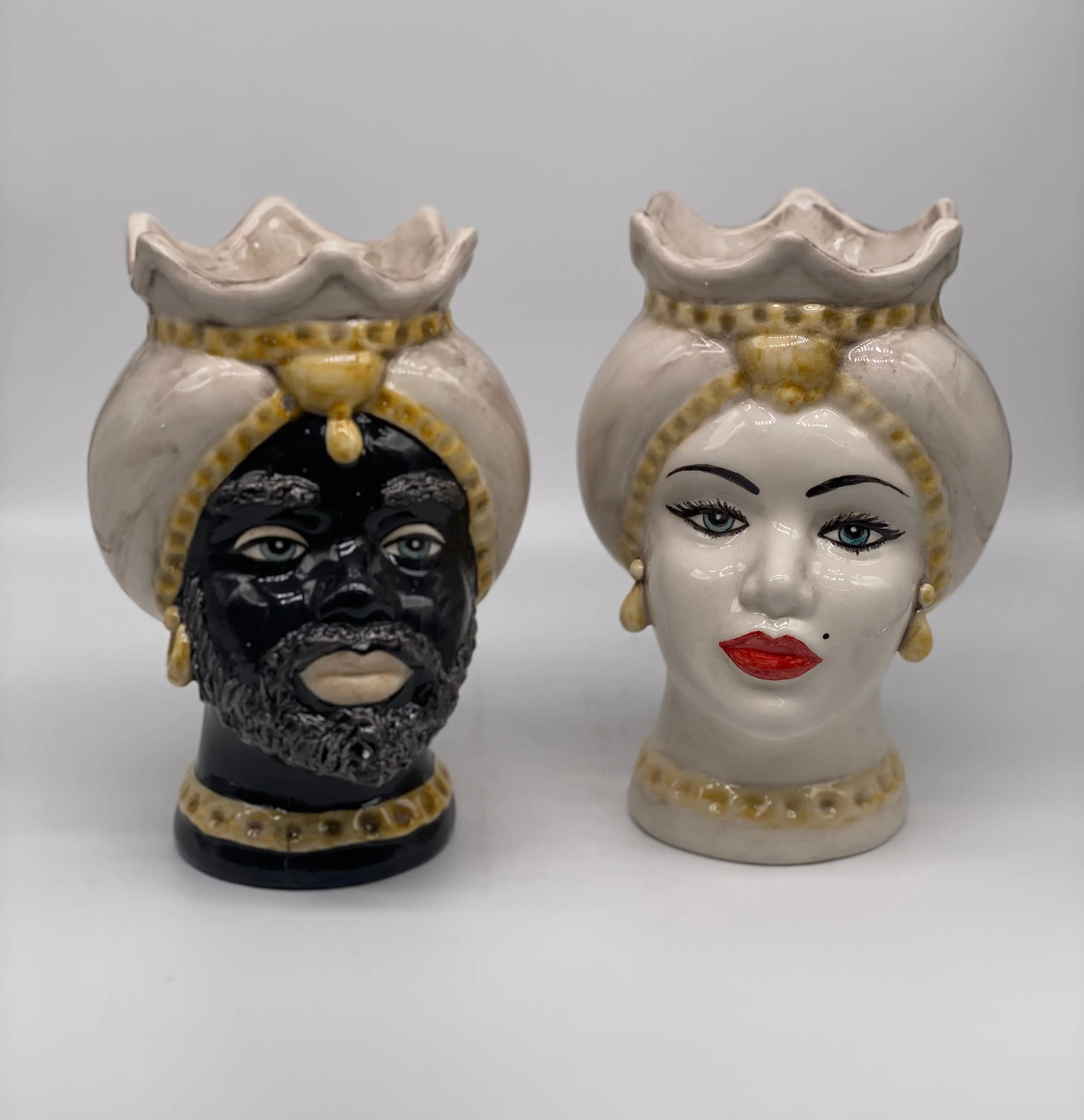 Teste di Moro Luis Ceramica Caltagirone cm H.22 L.15 Artigianale Turbante Liscio Écru Giallo DD CERAMICHE SICILIANE