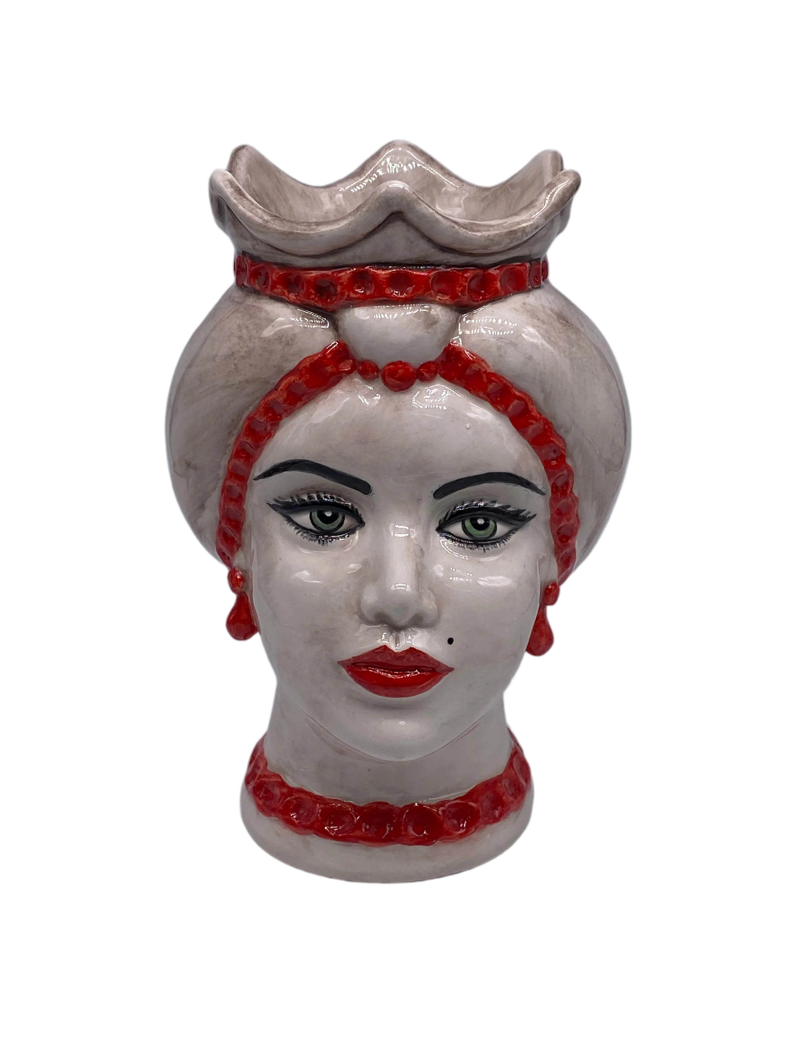 Teste di Moro Luis Ceramica Caltagirone cm H.22 L.15 Artigianale Turbante Liscio Écru Rosso DD CERAMICHE SICILIANE