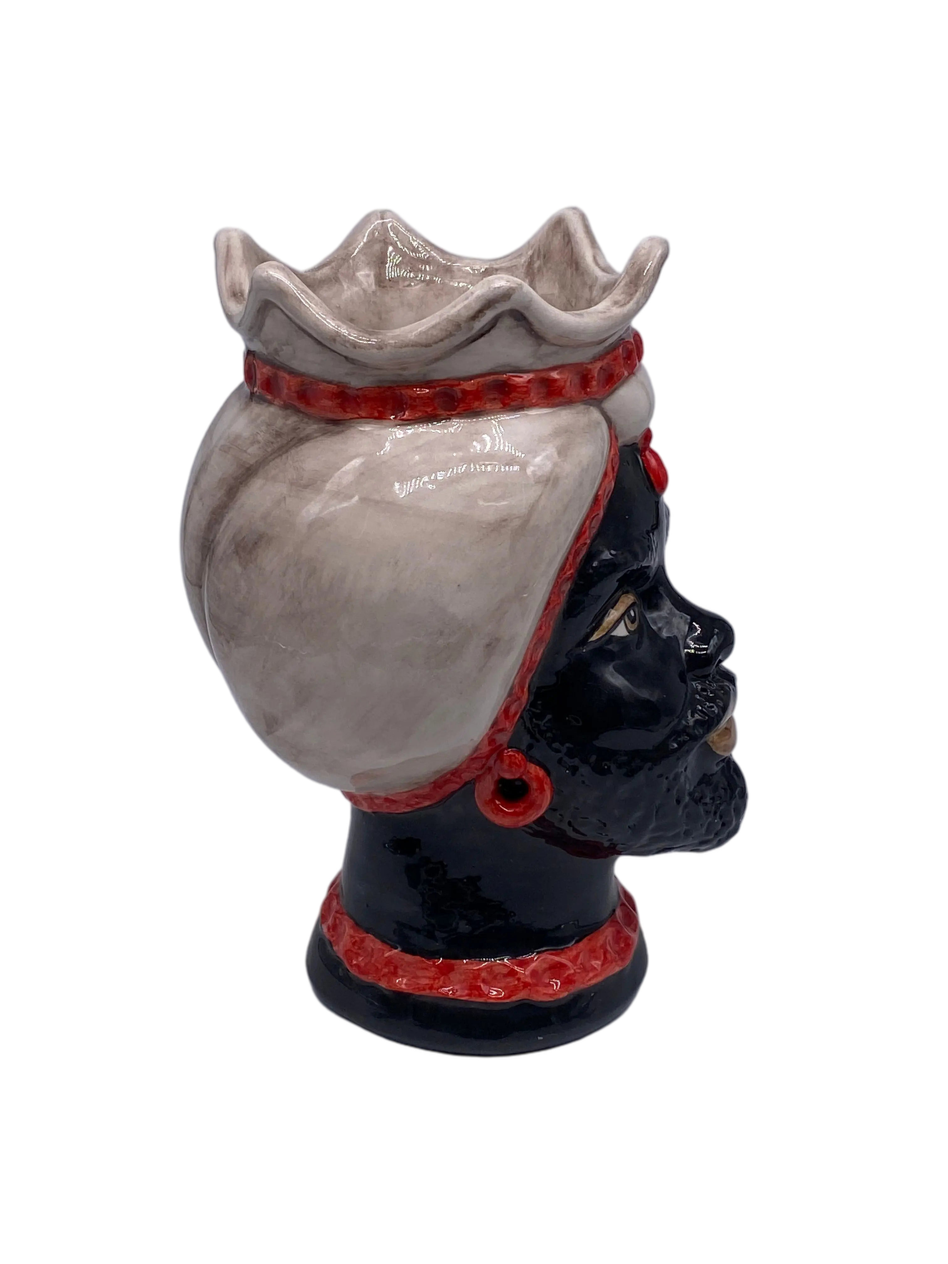 Teste di Moro Luis Ceramica Caltagirone cm H.22 L.15 Artigianale Turbante Liscio Écru Rosso DD CERAMICHE SICILIANE