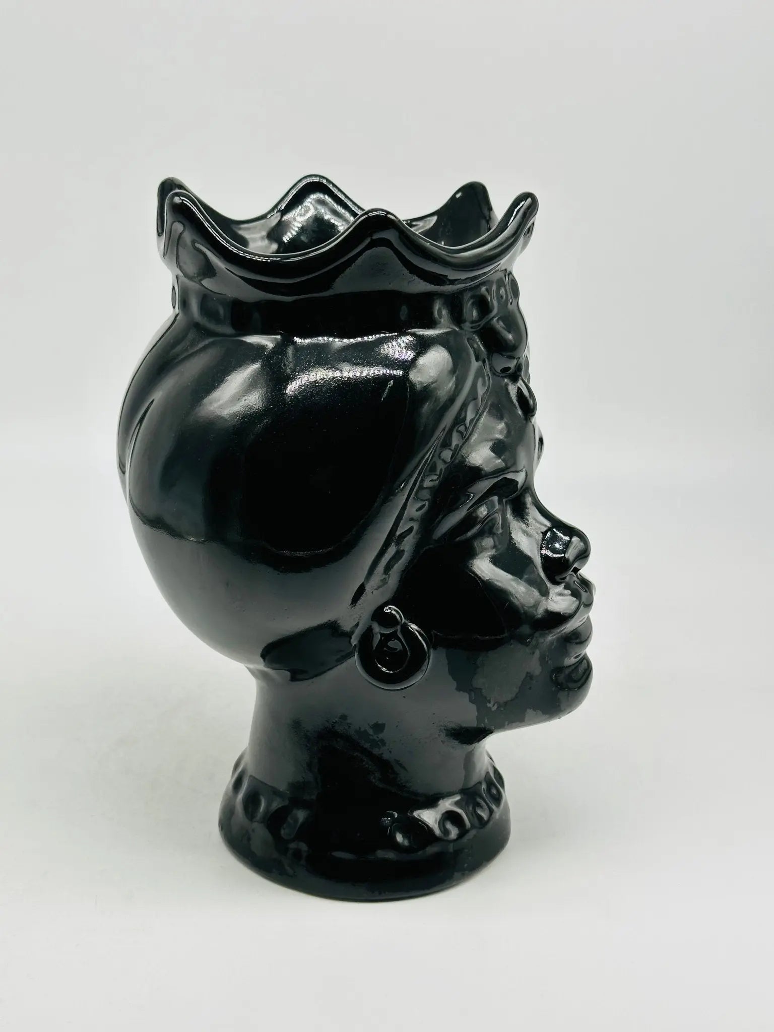 Teste di Moro Luis Ceramica Caltagirone cm H.22 L.15 Artigianale Turbante Nero Lucido - TESTA DI MORO