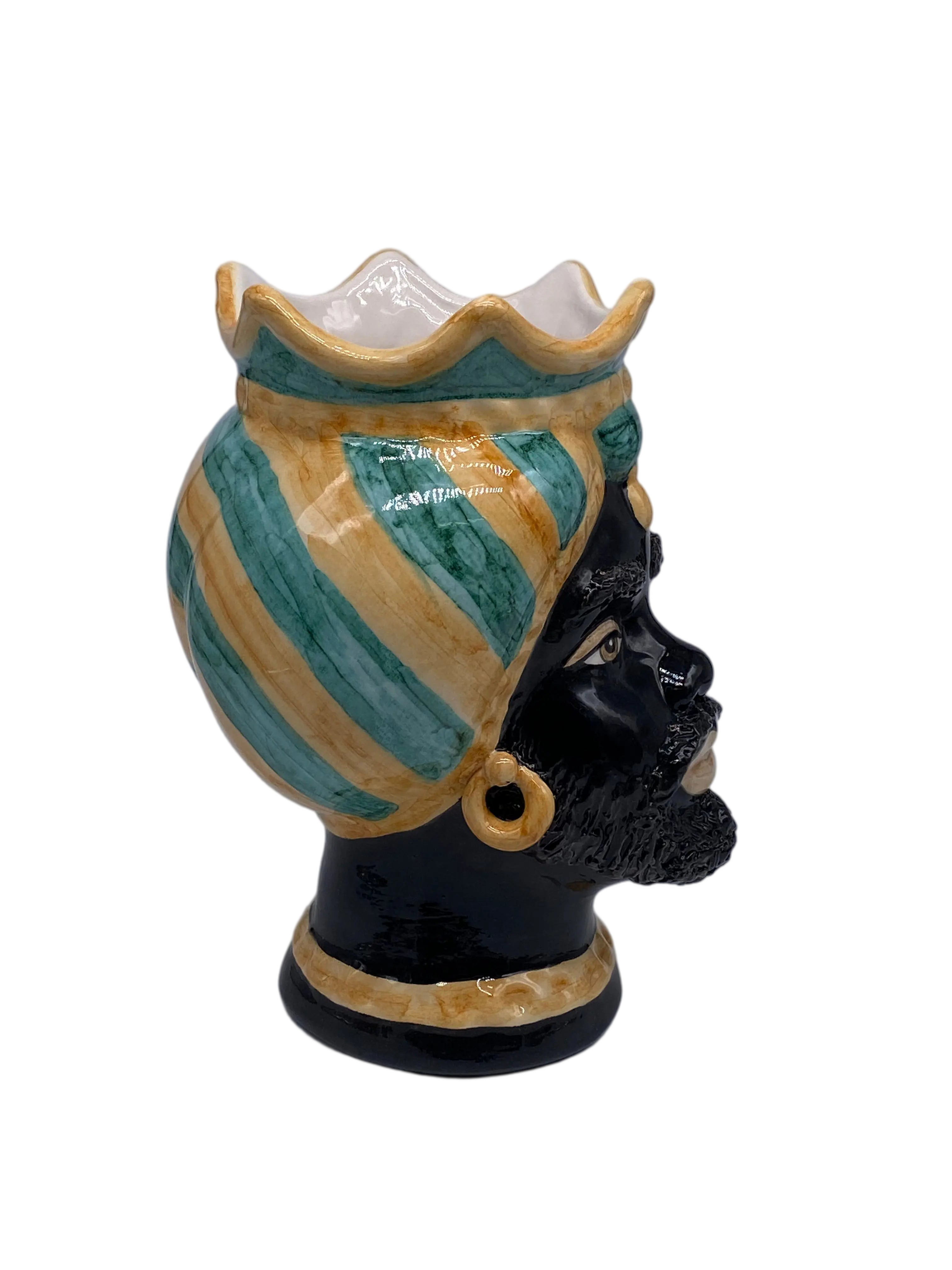 Teste di Moro Luis Ceramica Caltagirone cm H.22 L.15 Artigianale Turbante Liscio Ocra Verde DD CERAMICHE SICILIANE