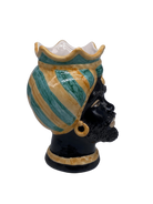 Teste di Moro Luis Ceramica Caltagirone cm H.22 L.15 Artigianale Turbante Liscio Ocra Verde DD CERAMICHE SICILIANE