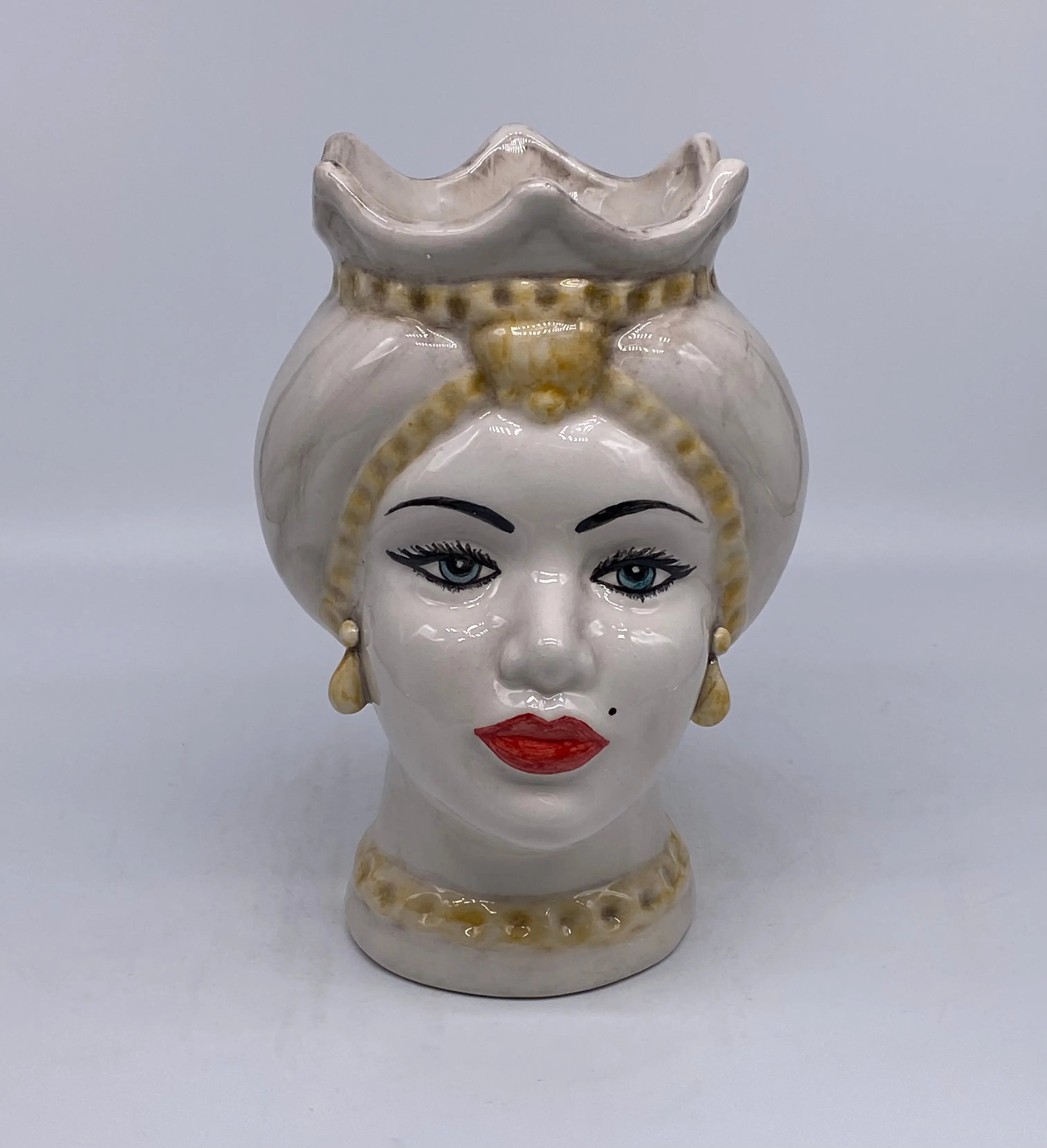 Teste di Moro Luis Ceramica Caltagirone cm H.22 L.15 Artigianale Turbante Liscio Écru Giallo DD CERAMICHE SICILIANE