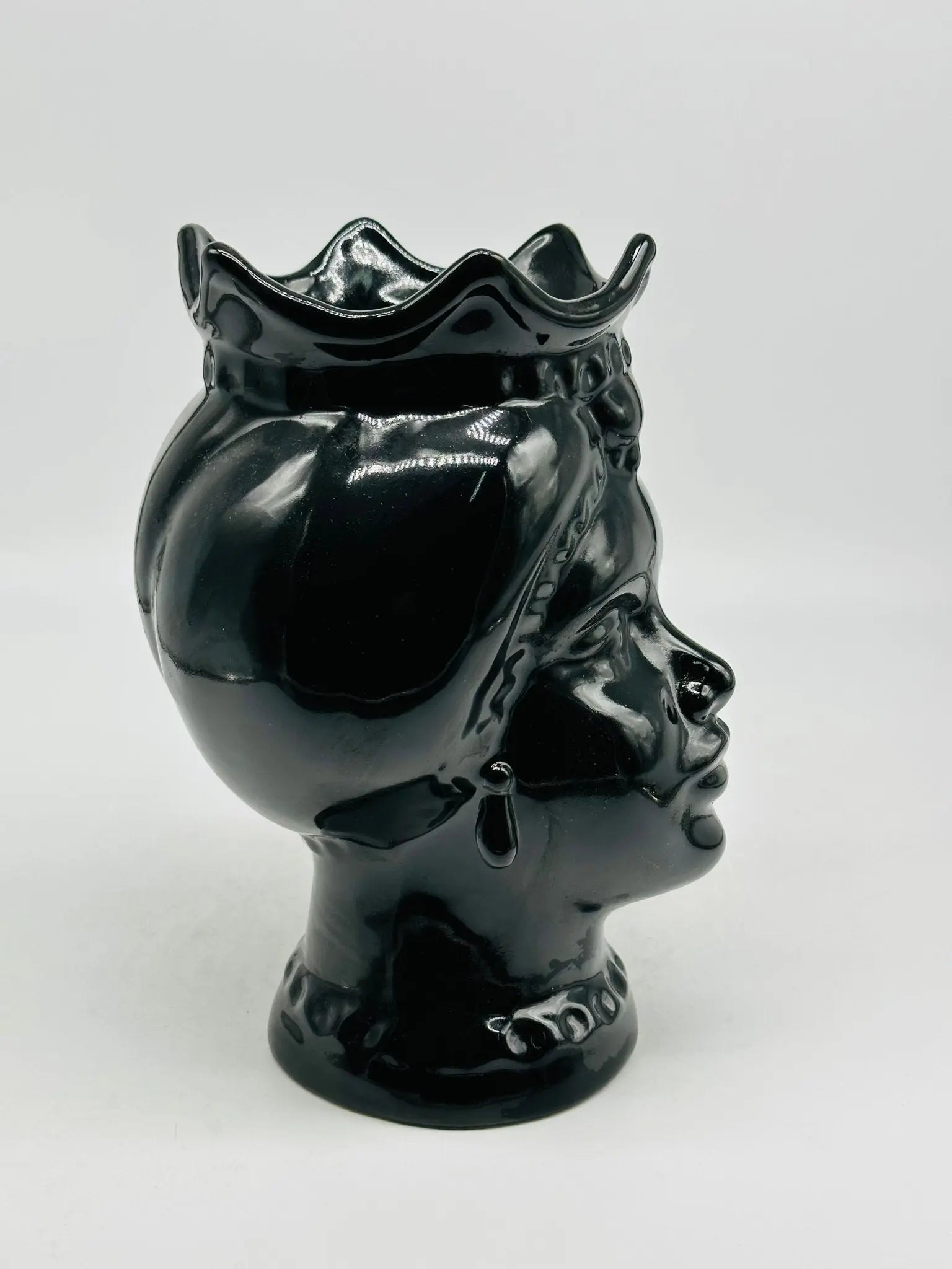 Teste di Moro Luis Ceramica Caltagirone cm H.22 L.15 Artigianale Turbante Nero Lucido - TESTA DI MORO