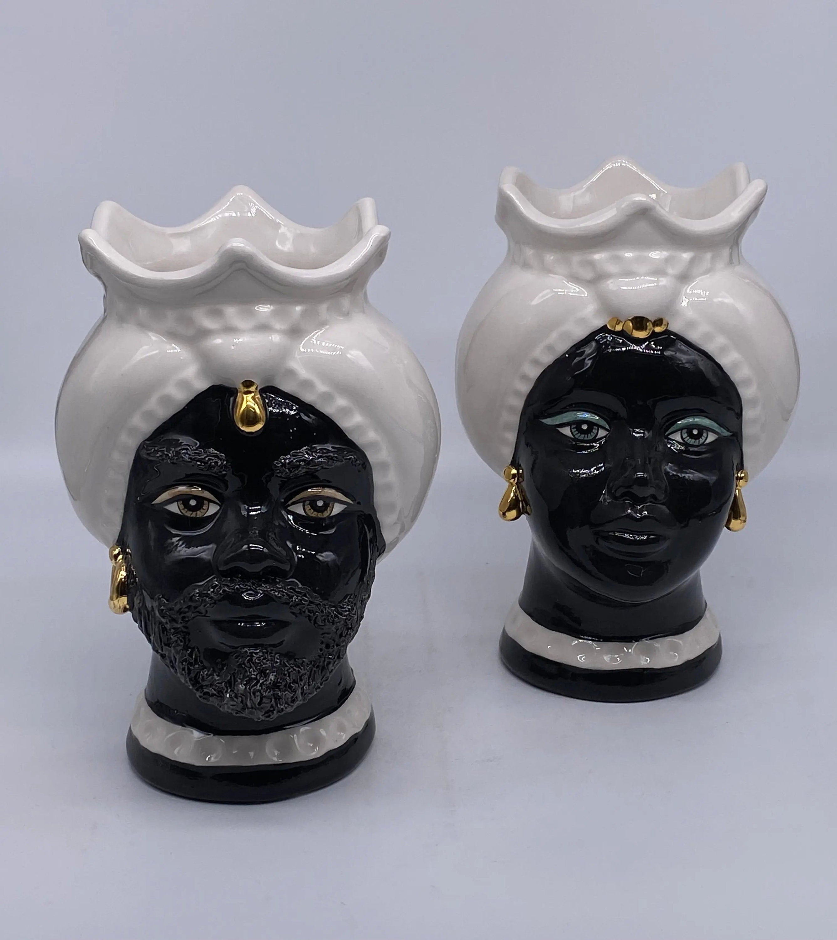 Teste di Moro Luis Ceramica Caltagirone cm H.22 L.15 Artigianale Turbante Liscio Bianco Nero Oro DD CERAMICHE SICILIANE