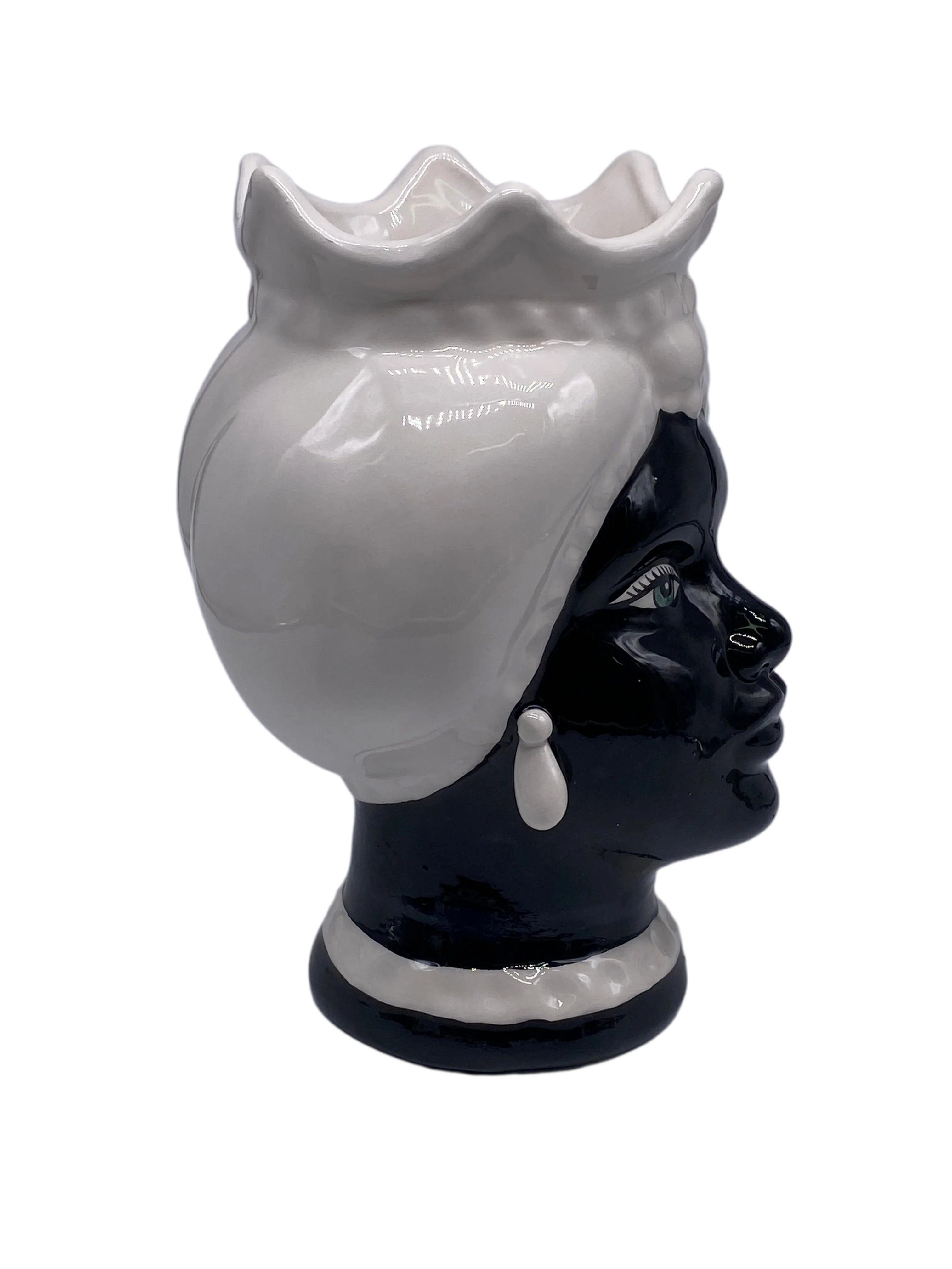 Teste di Moro Luis Ceramica Caltagirone cm H.22 L.15 Artigianale Turbante Liscio Bianco Nero DD CERAMICHE SICILIANE