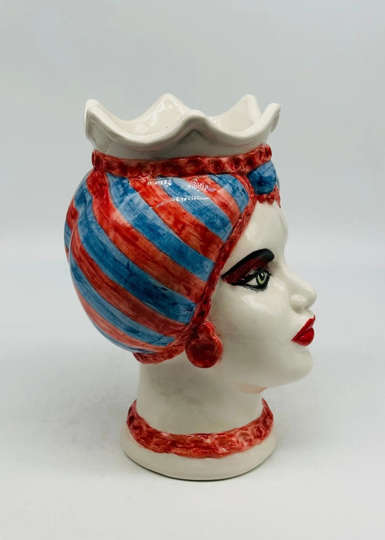 Teste di Moro Luis Ceramica Caltagirone cm H.22 L.15 Artigianale Turbante Striscie Rosso Blu - TESTA DI MORO